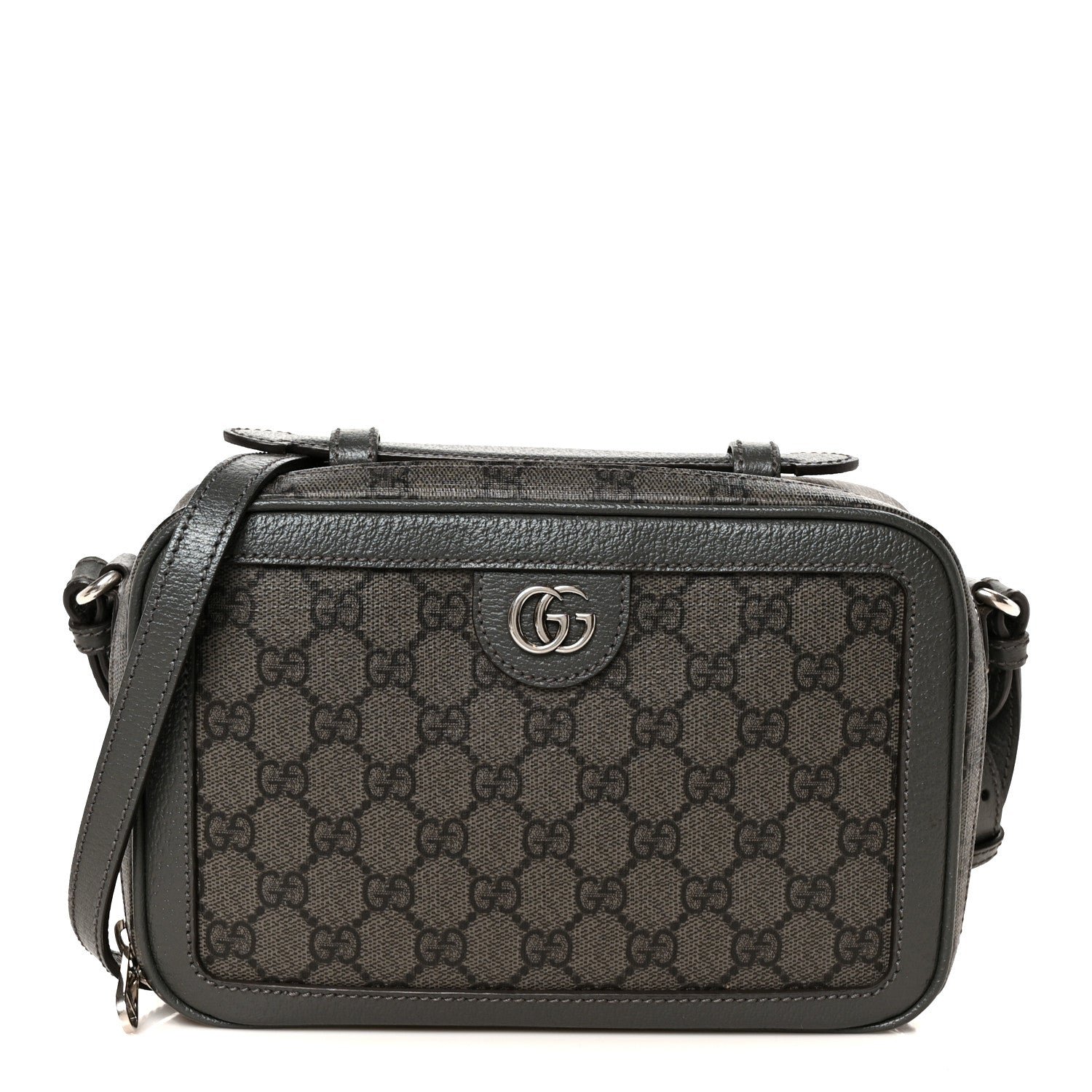 Gucci GG Supreme Monogram Textured Dollar Calfskin Small Ophidia Top Handle Shoulder Bag  Grey Black Graphite Grey