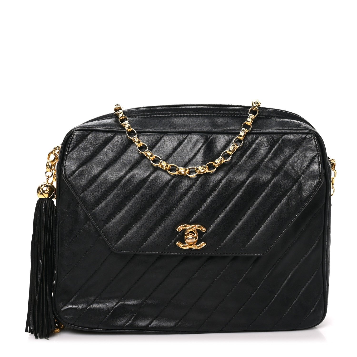 Chanel Lambskin Diagonal Quilted Tassel Camera Bag Black