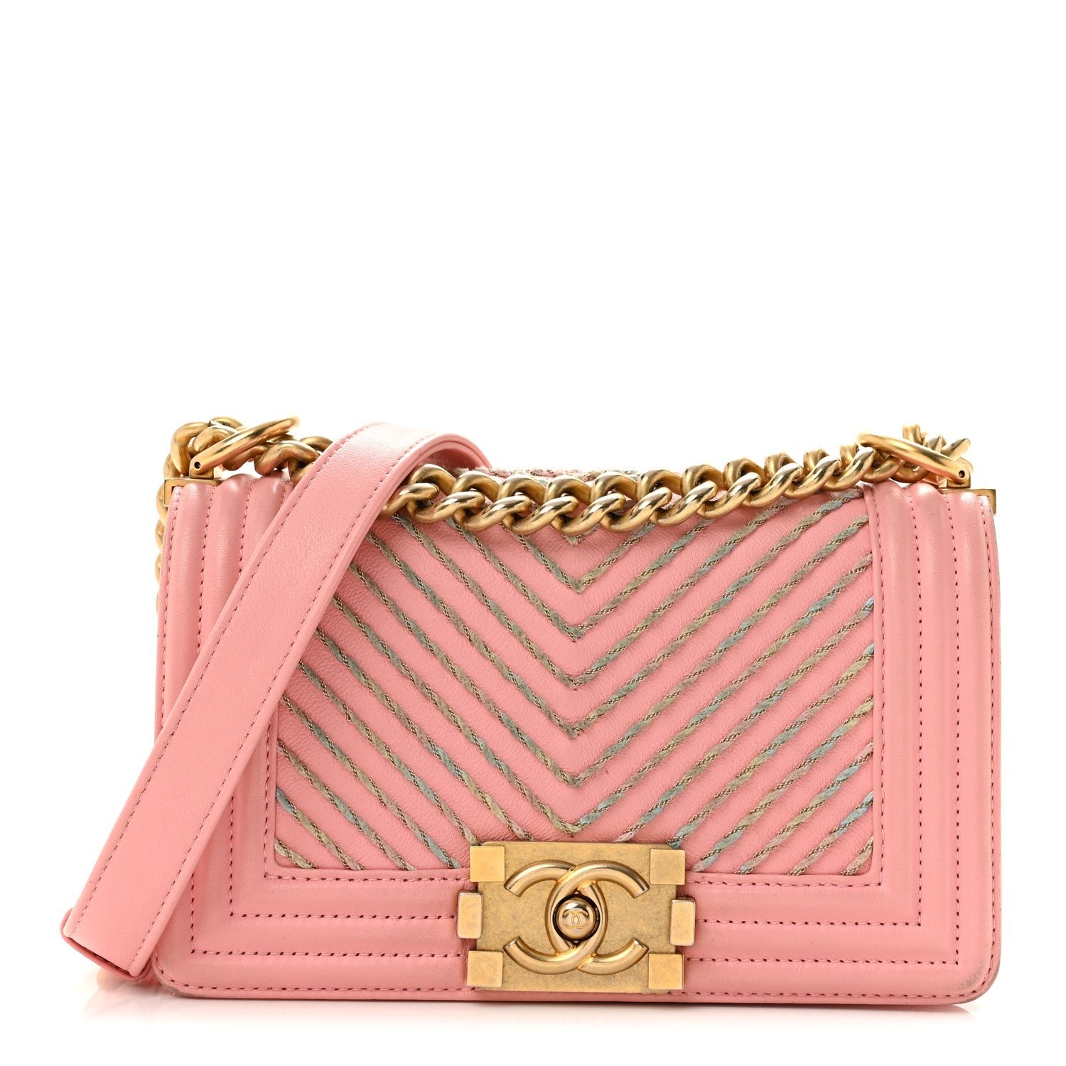 Chanel Calfskin Chevron Embroidered Small Boy By The Sea Flap Pink