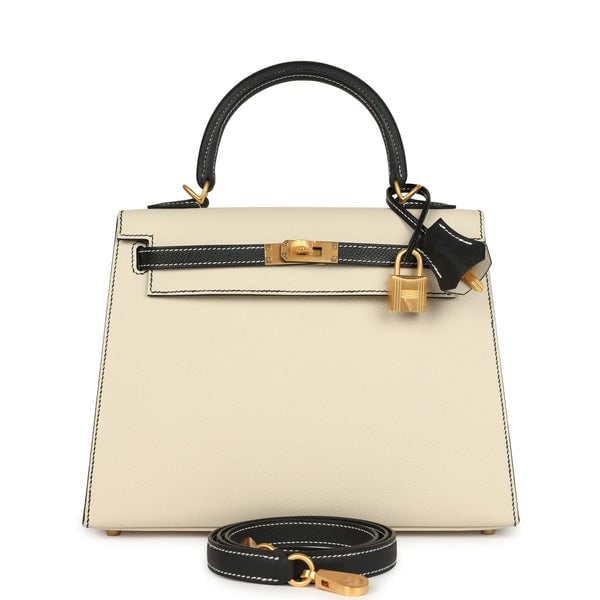Hermes Hermes Special Order (HSS) Kelly Sellier 25 Craie and Black Epsom Brushed Gold Hardware