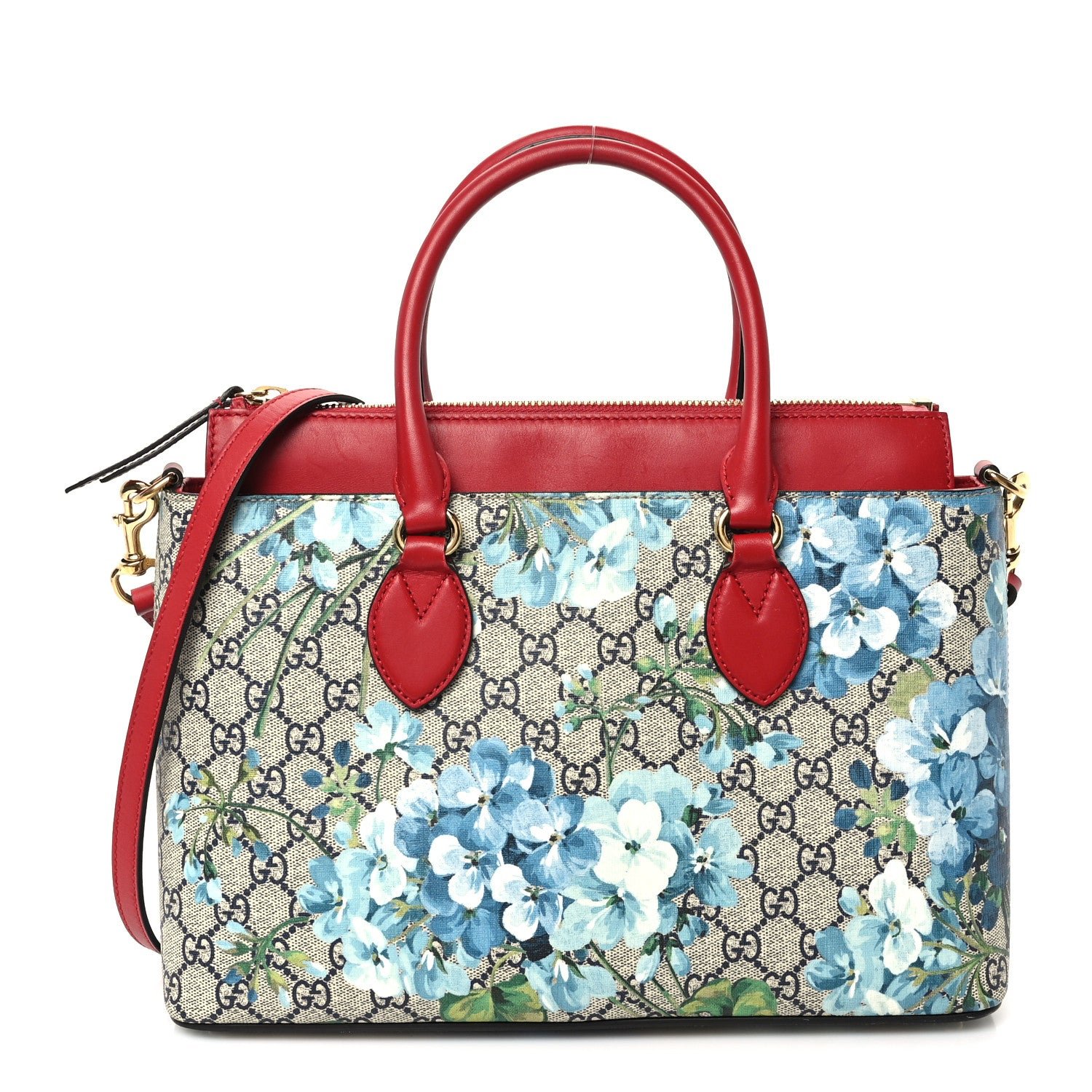Gucci GG Supreme Monogram Blooms Medium Zip Top Tote Beige Blue Navy Hibiscus Red
