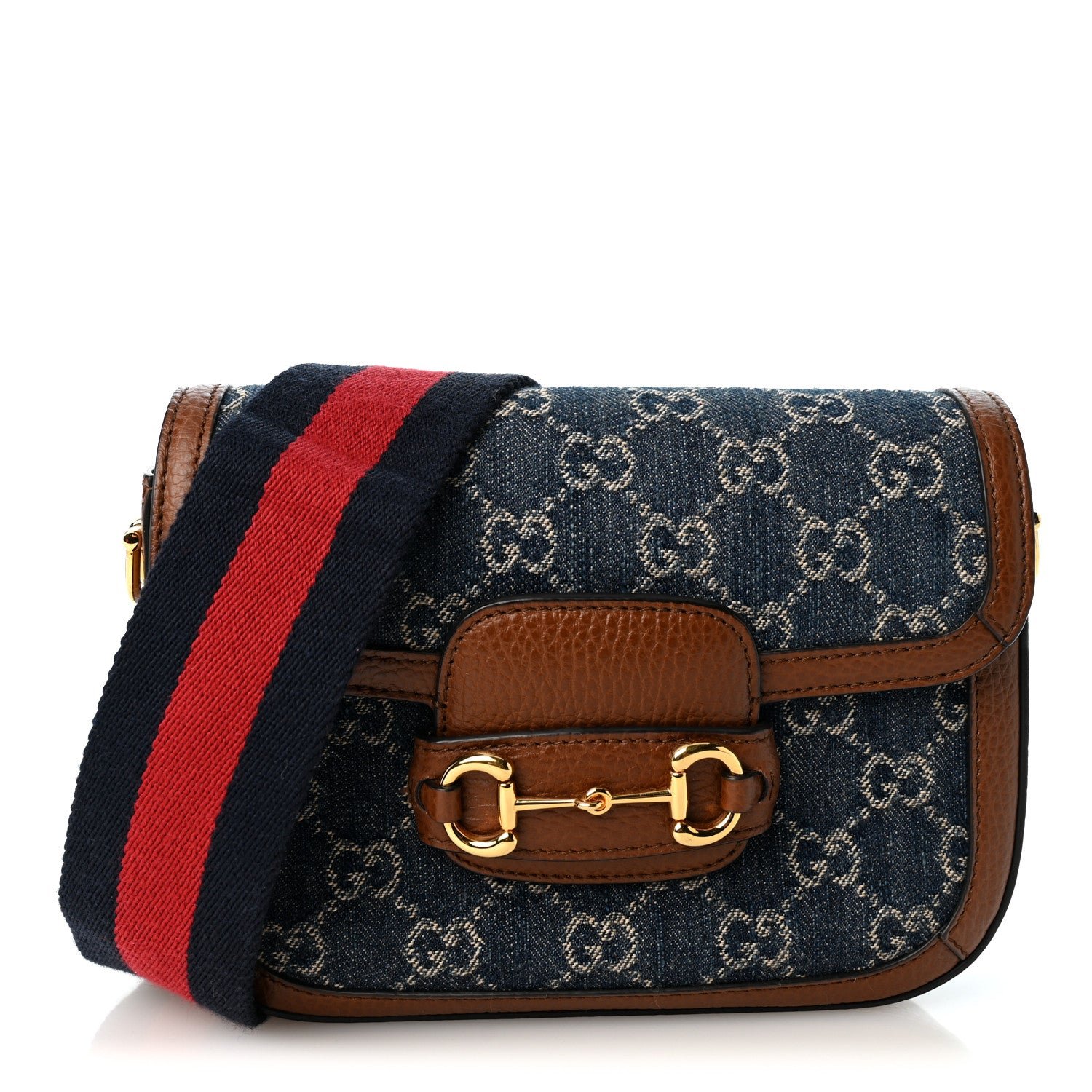 Gucci New Denim GG Monogram Dollar Calfskin Web Mini Horsebit 1955 Shoulder Bag Blue Tea Cuir Epilog