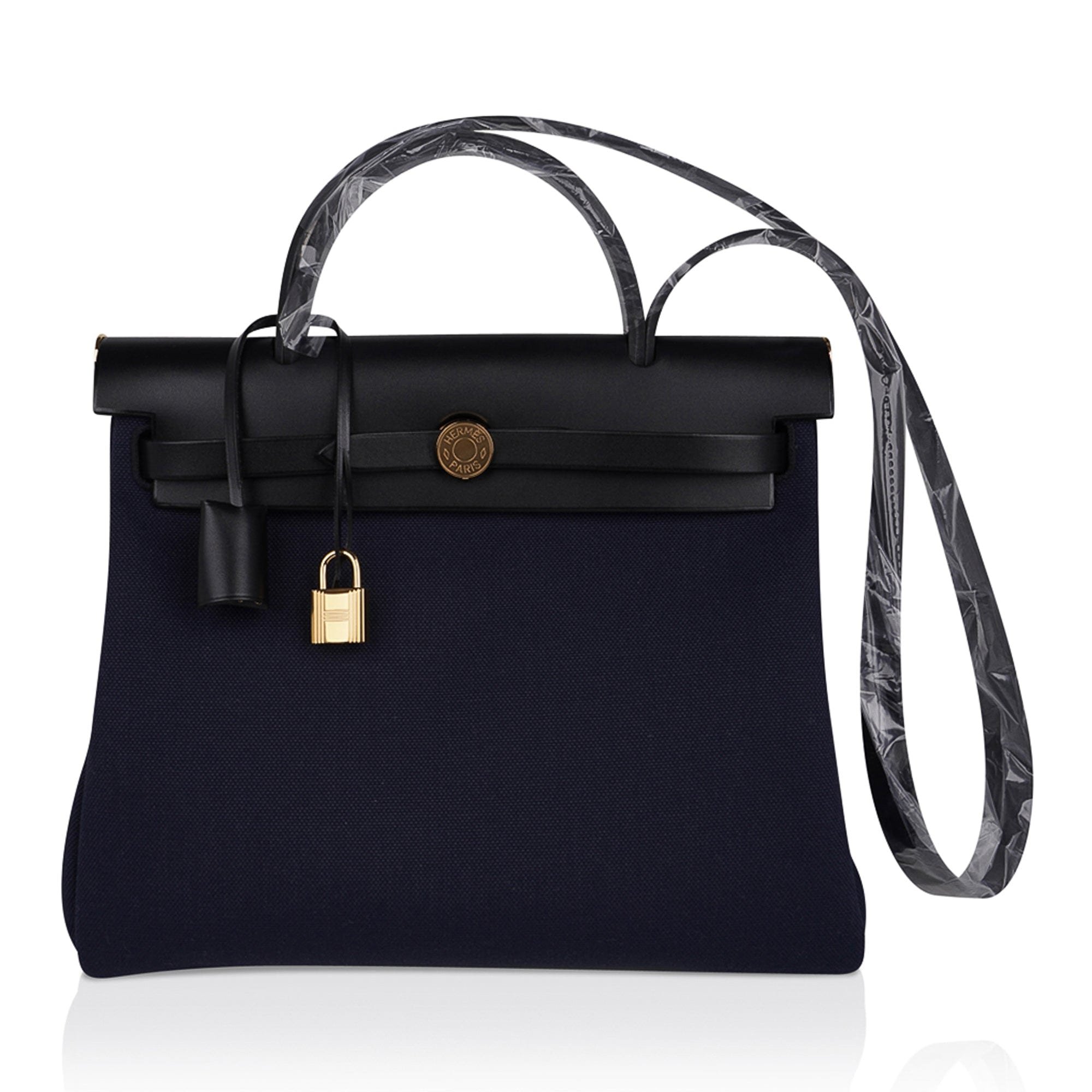 Hermes Hermes Herbag Zip 31 Bag Blue Indigo Toile Black Vache Hunter Leather with Gold Hardware