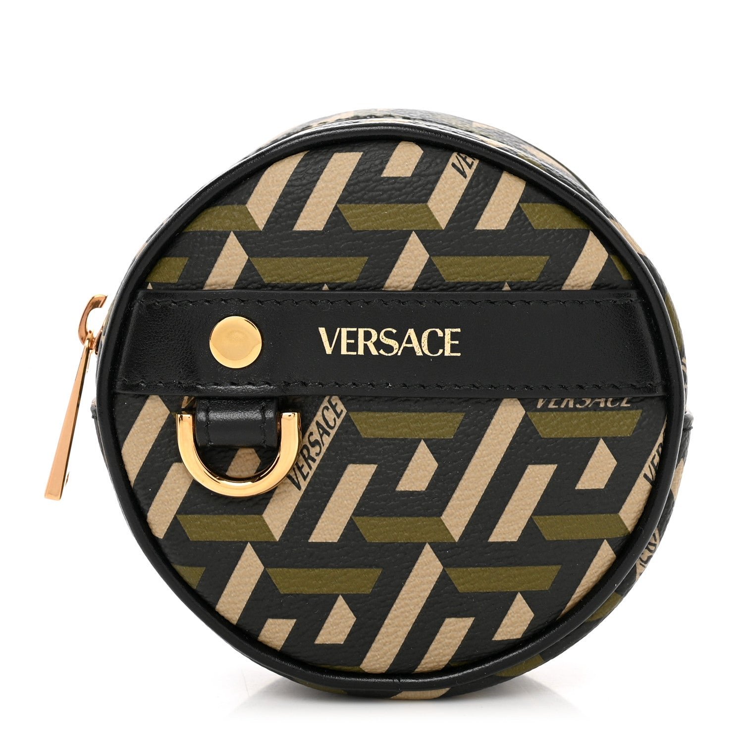 Versace Coated Canvas Calfskin La Greca Round Zip Pouch Black Khaki