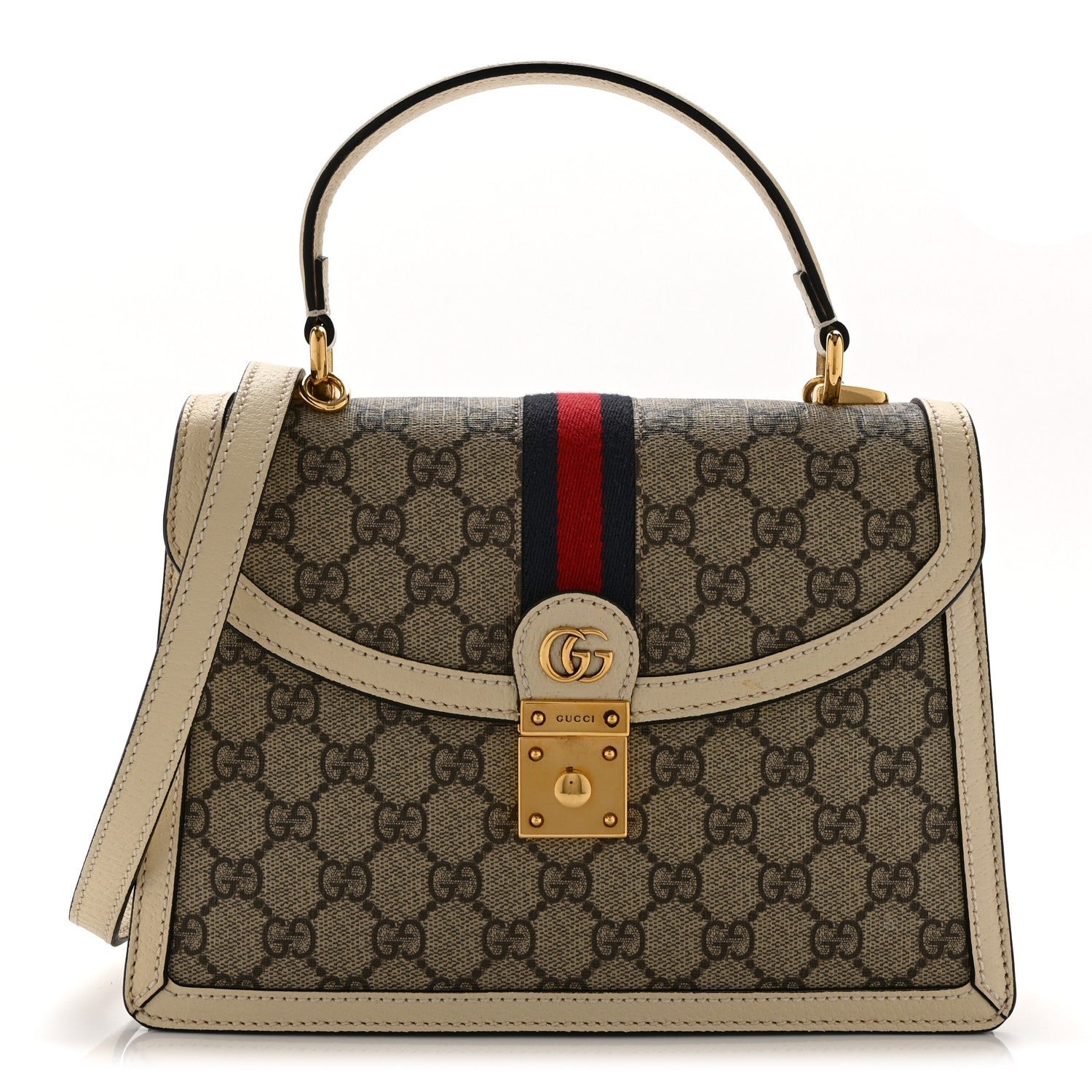Gucci GG Supreme Monogram Textured Dollar Calfskin Web Small Ophidia Padlock Top Handle Bag Beige Ebony Mystic White