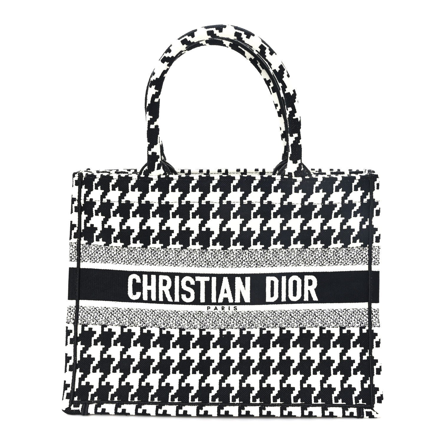 Christian Dior Canvas Macro Houndstooth Embroidered Medium Book Tote Black White