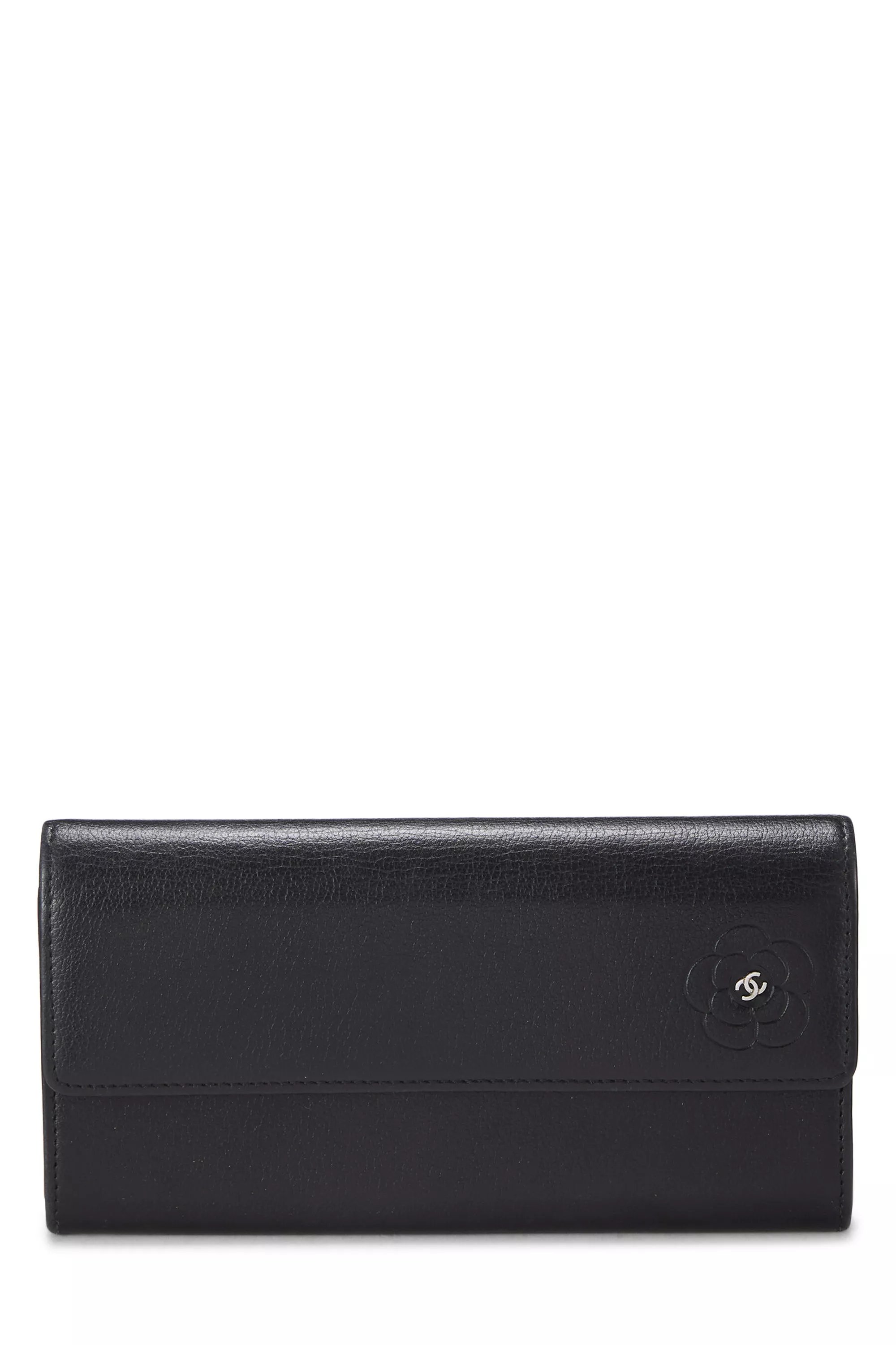 Black Embossed Camellia Calfskin Leather Wallet