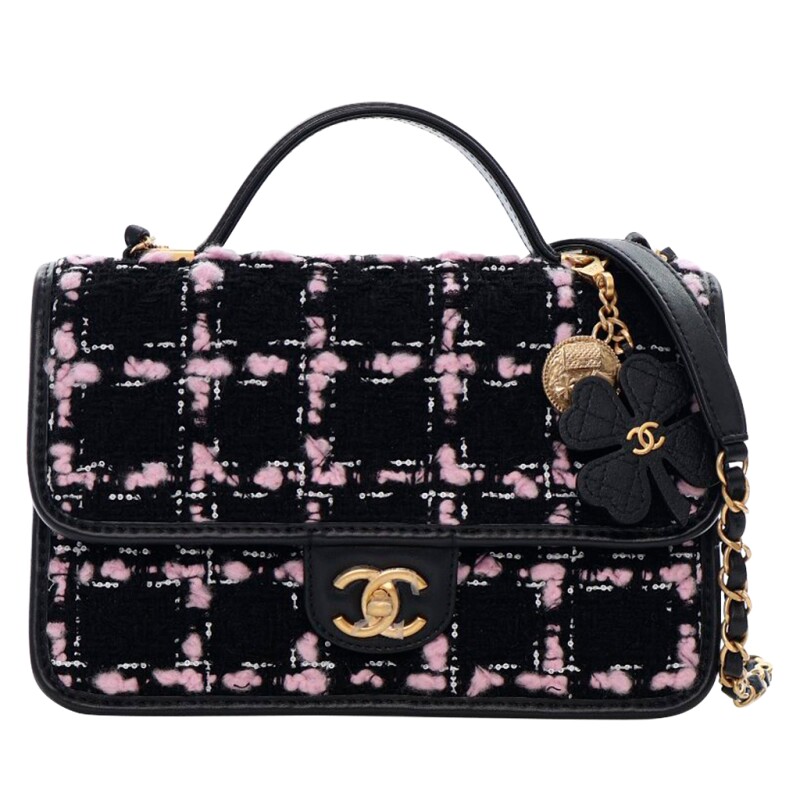 Chanel Black, Light Pink, and White Tweed and Calfskin Medium Top Handle Bag Gold Hardware, 2025