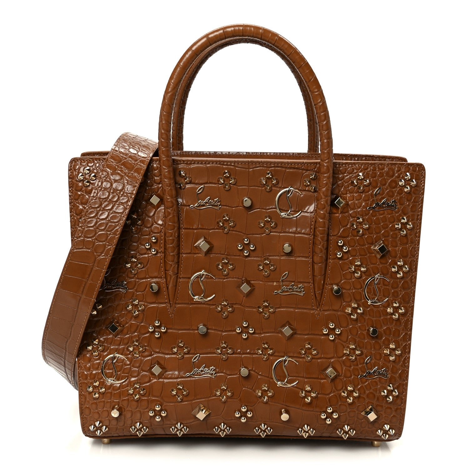 Christian Louboutin Calfskin Crocodile Embossed Studded Medium Paloma Brown
