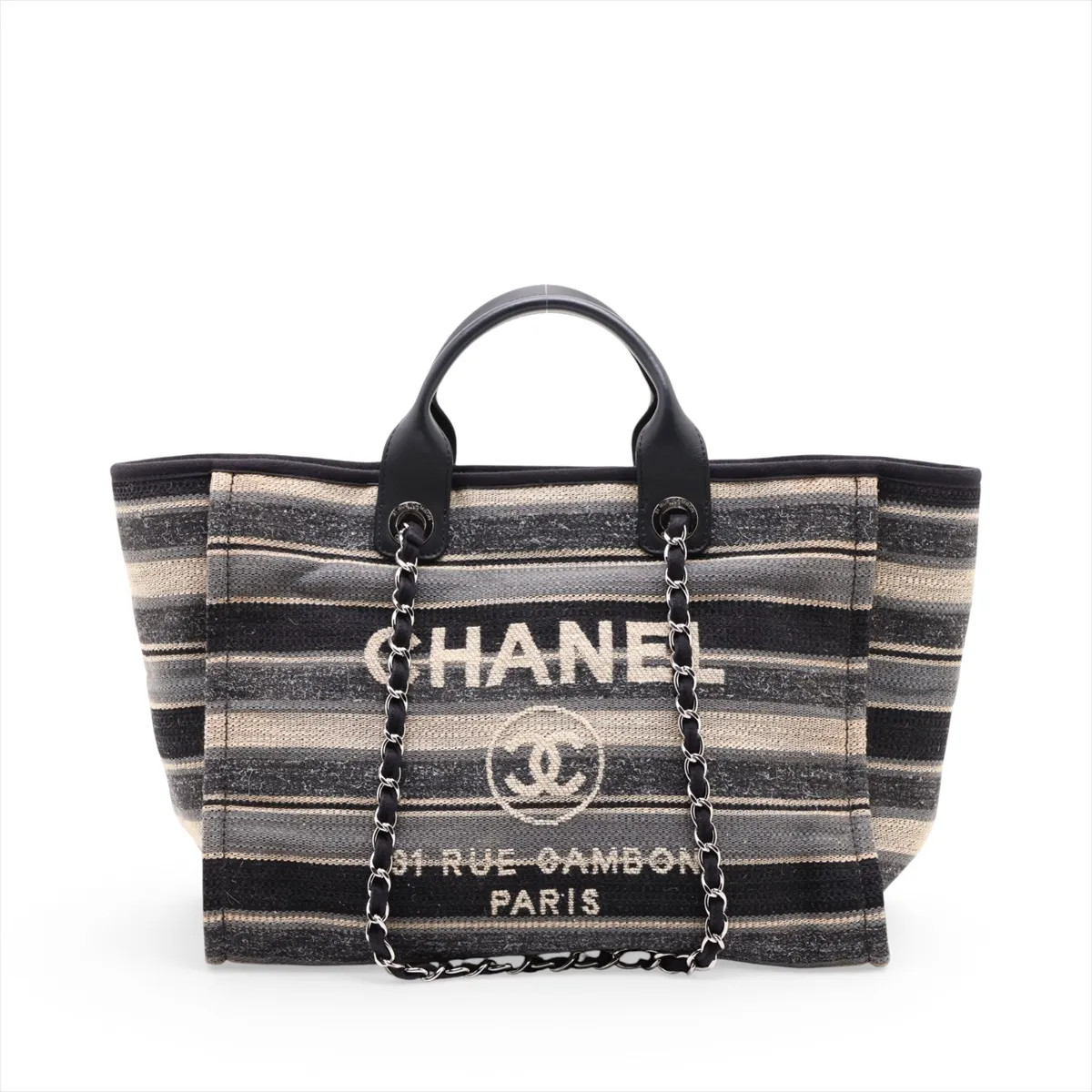 Chanel Deauville GM Canvas & Leather 2 Way Tote Bag Beige x navy Silver Metal Fi
