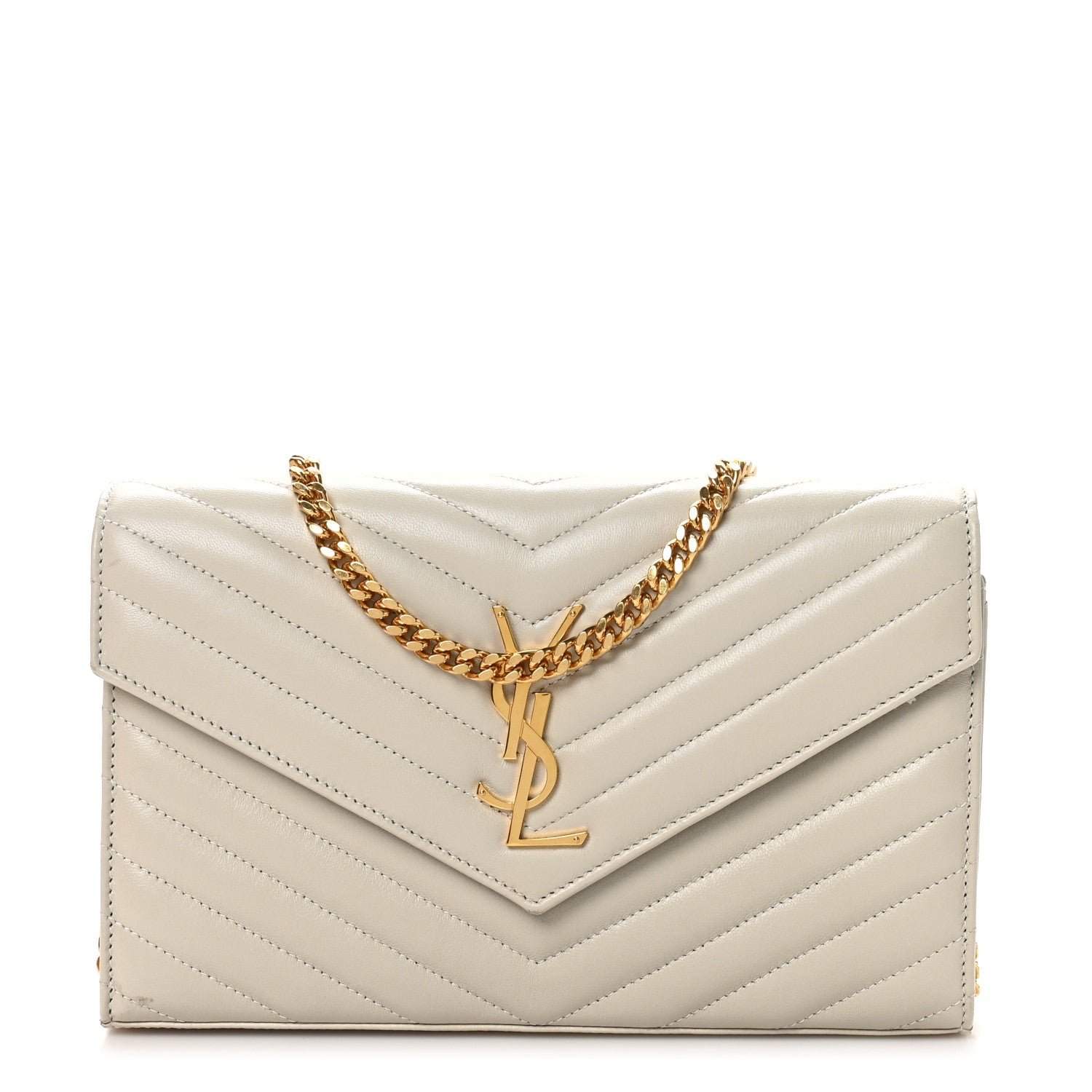 Saint Laurent Lambskin Matelasse Chevron Monogram Chain Wallet Crema Soft
