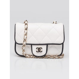 Chanel White/Black Quilted Lambskin leather Resin CC Flap Clutch With Chain