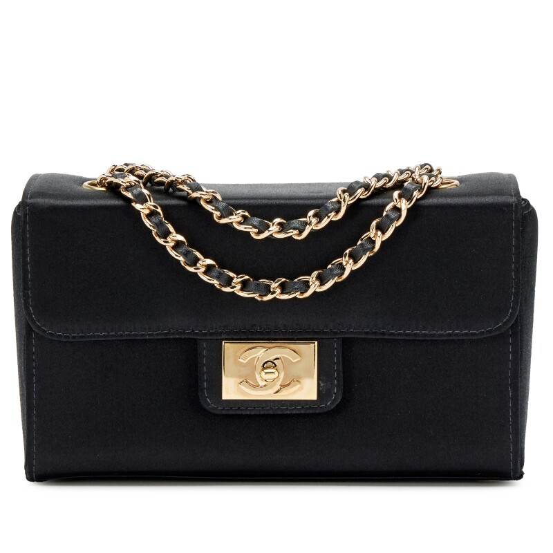 Vintage Black Satin CC Box Mini Flap Bag Gold Hardware, 2002