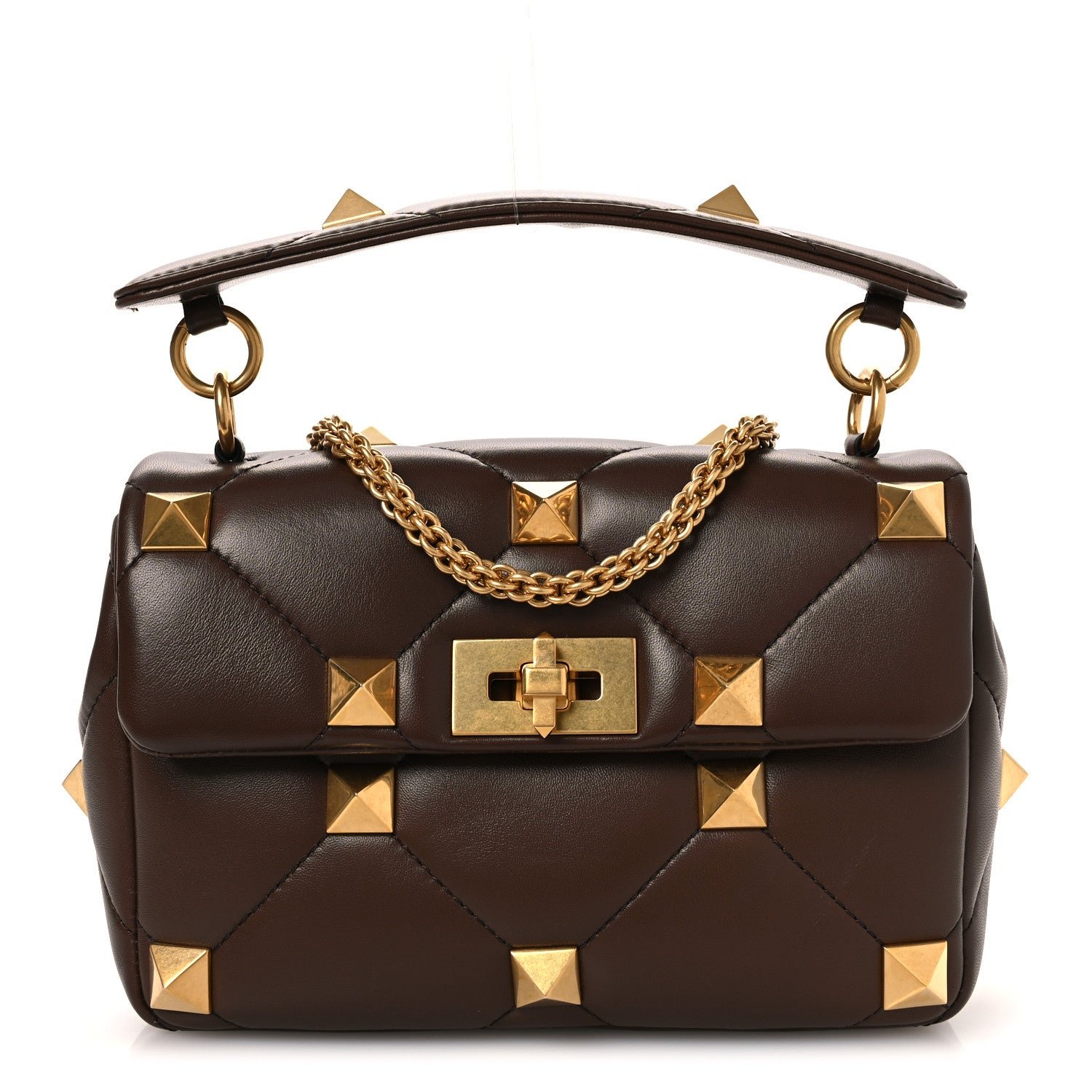 Valentino Garavani Nappa Medium Roman Stud Shoulder Bag Teak Brown