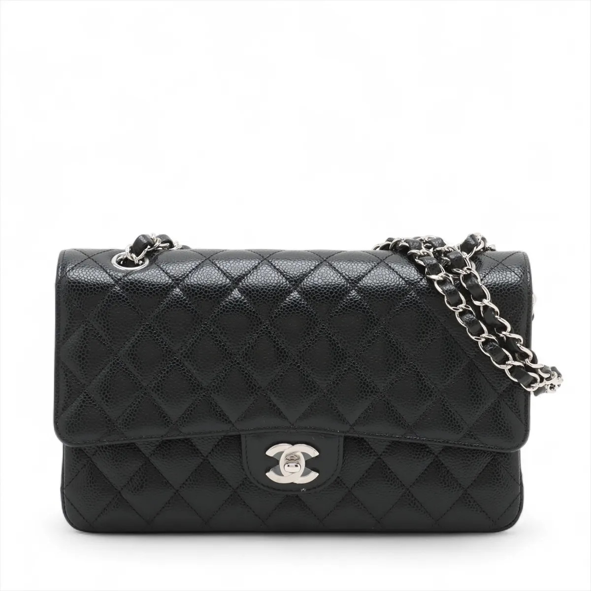 Chanel Matelasse 25 Caviar Skin Double Flap Double Chain Bag Black Silver Metal