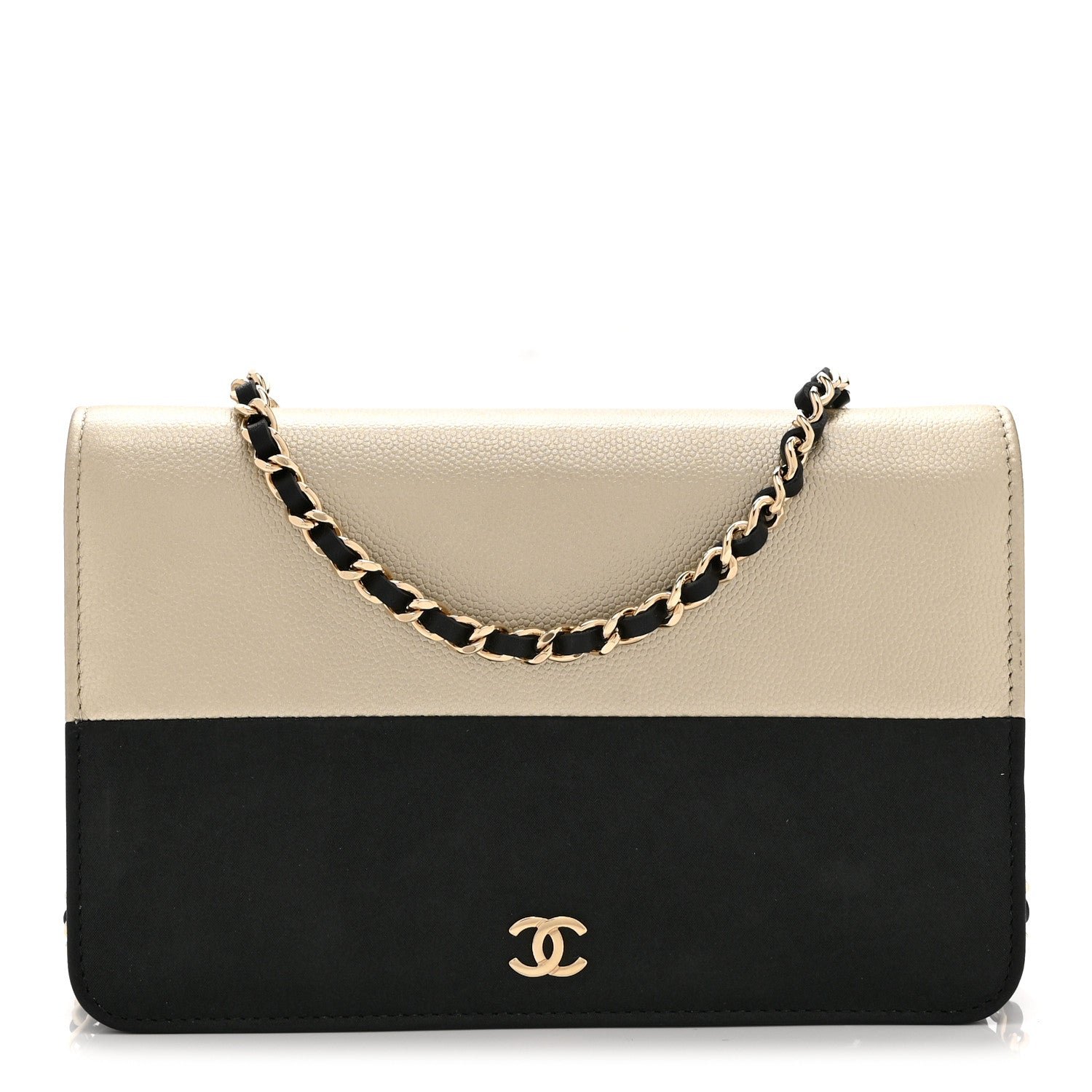 Chanel Metallic Caviar Suede Wallet On Chain WOC Gold Black