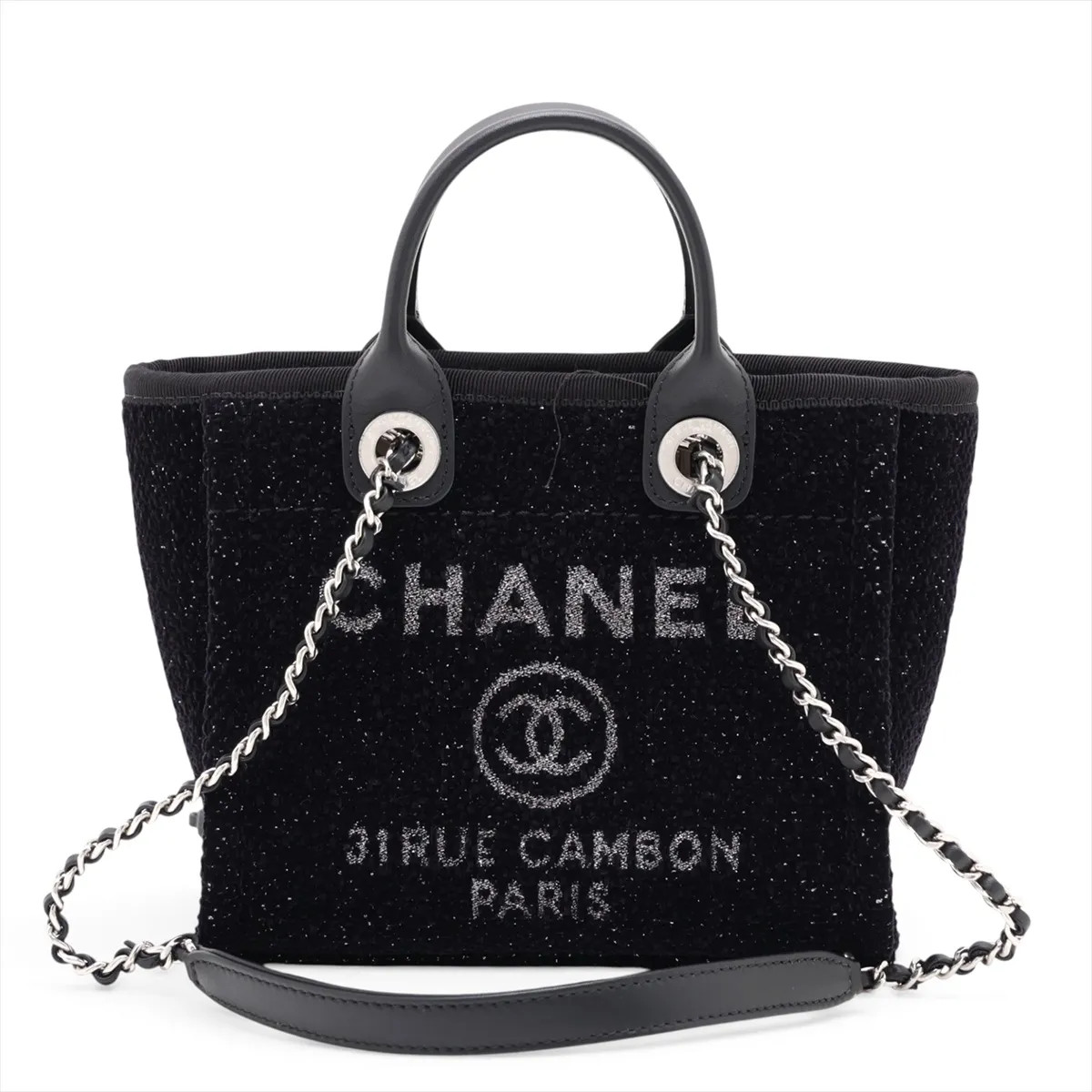 Chanel Deauville Mini Tweed 2 Way Handbag Black Silver Metal Fittings random pla