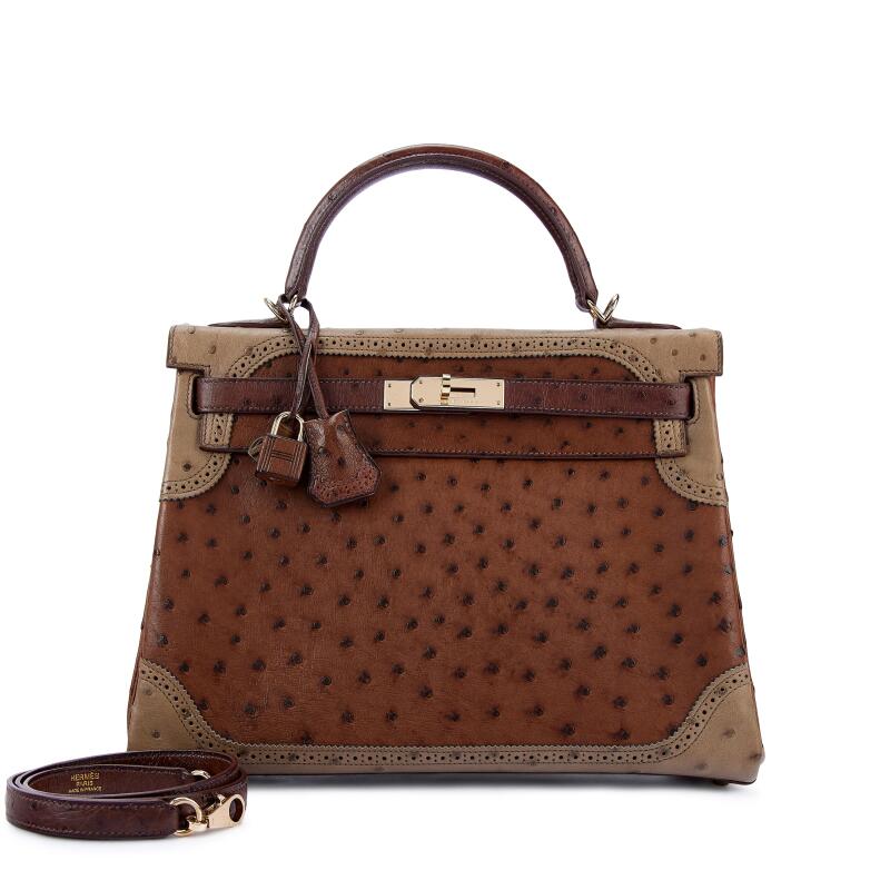 Hermes Limited Edition Etrusque, Mousse and Marron Fonce Ostrich Ghillies Kelly 32 Retourne Permabrass Hardware, 2014