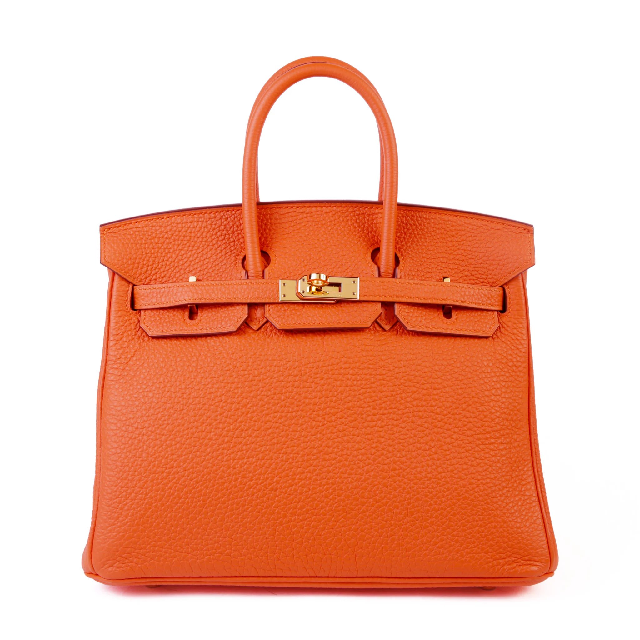Very Good ( Rank A) HERMÈS Birkin 25 Orange (93) Togo Gold hardware Square R (2014)
