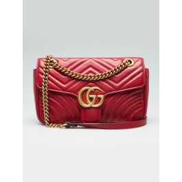 Gucci Red Quilted Calfskin Leather GG Marmont Small Matelasse Shoulder Bag