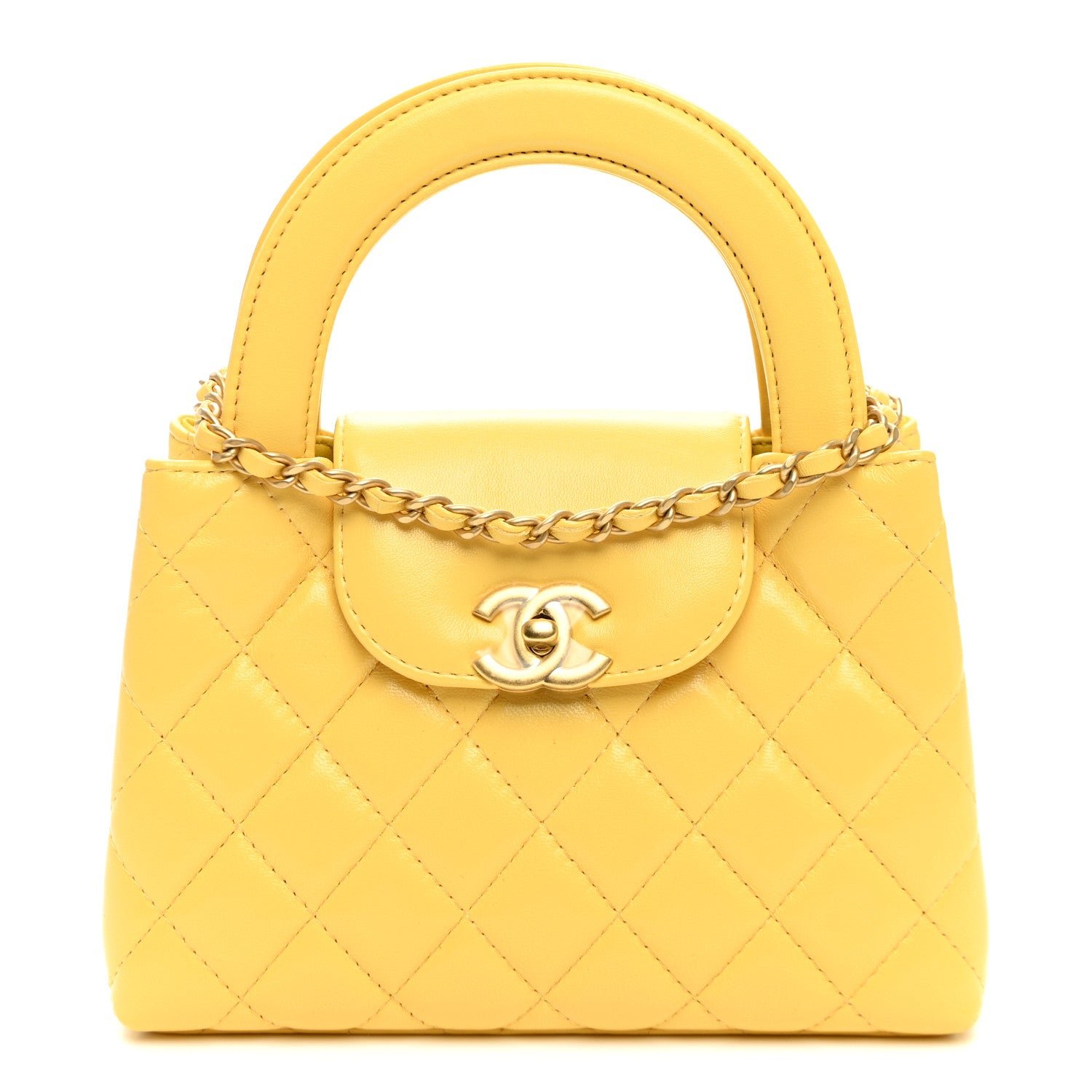 Chanel Shiny Aged Calfskin Quilted Nano Kelly Shopper Light Yellow