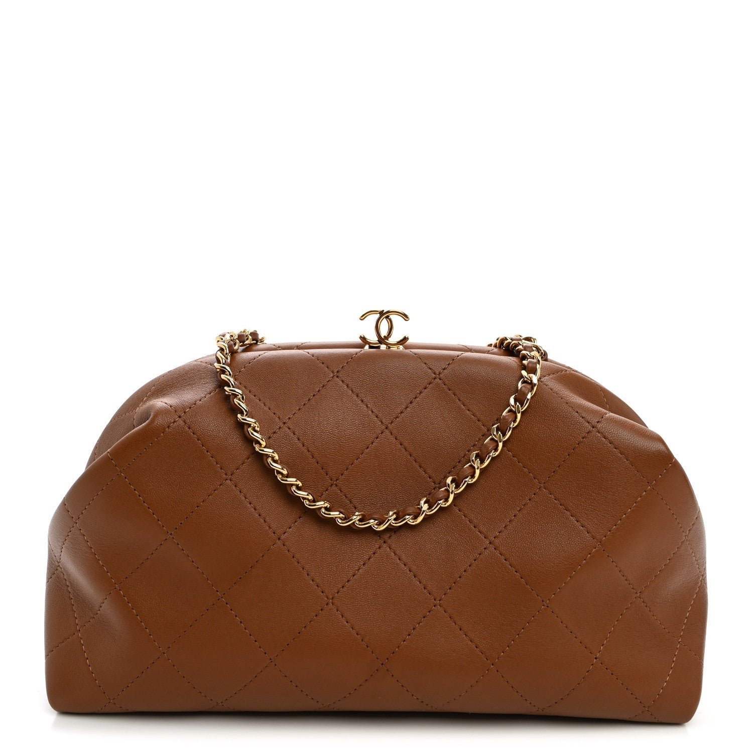 Chanel Lambskin Stitched Clutch With Chain Brown