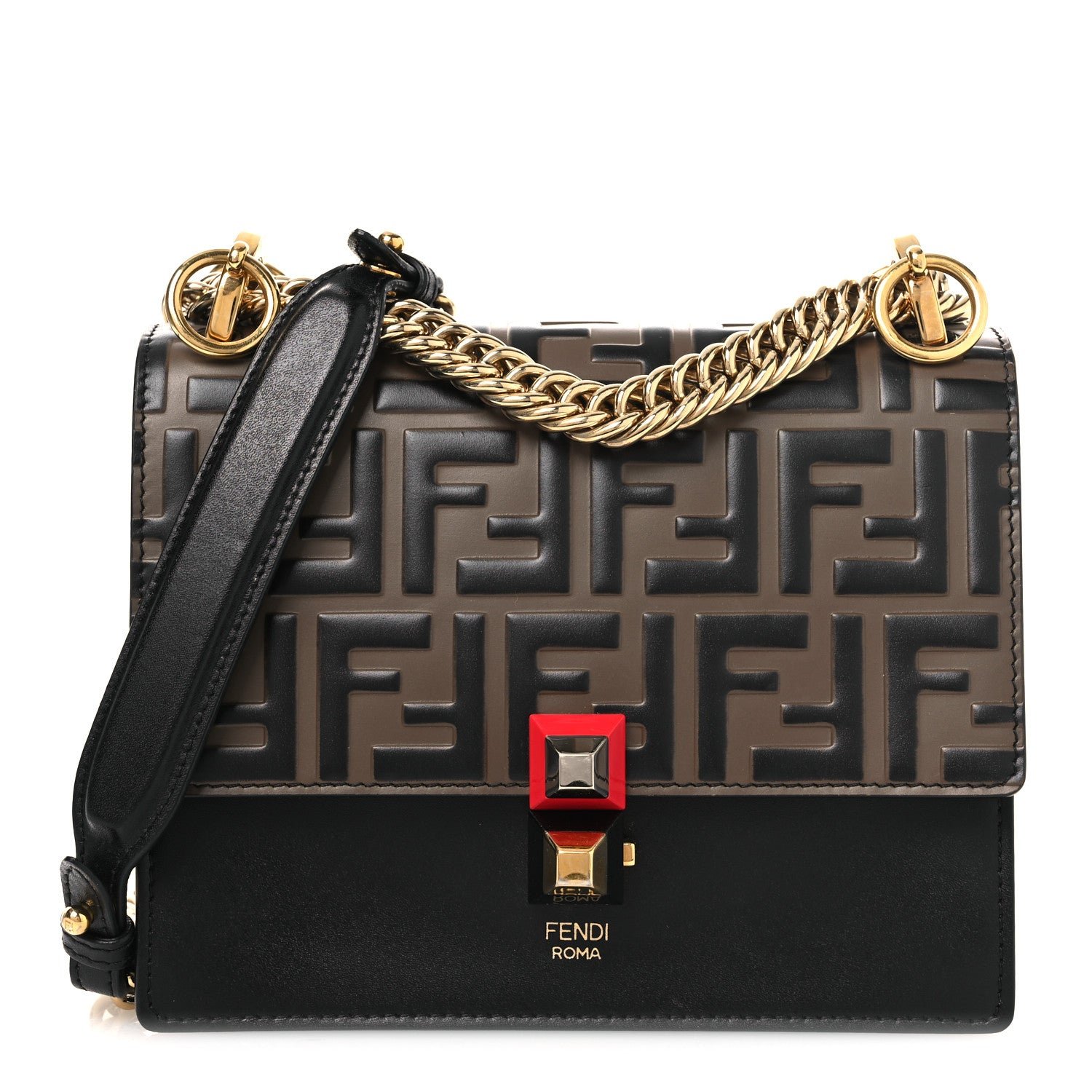 Fendi Vitello Liberty Bi-Color FF 1974 Embossed Small Kan I Shoulder Bag Black Maya
