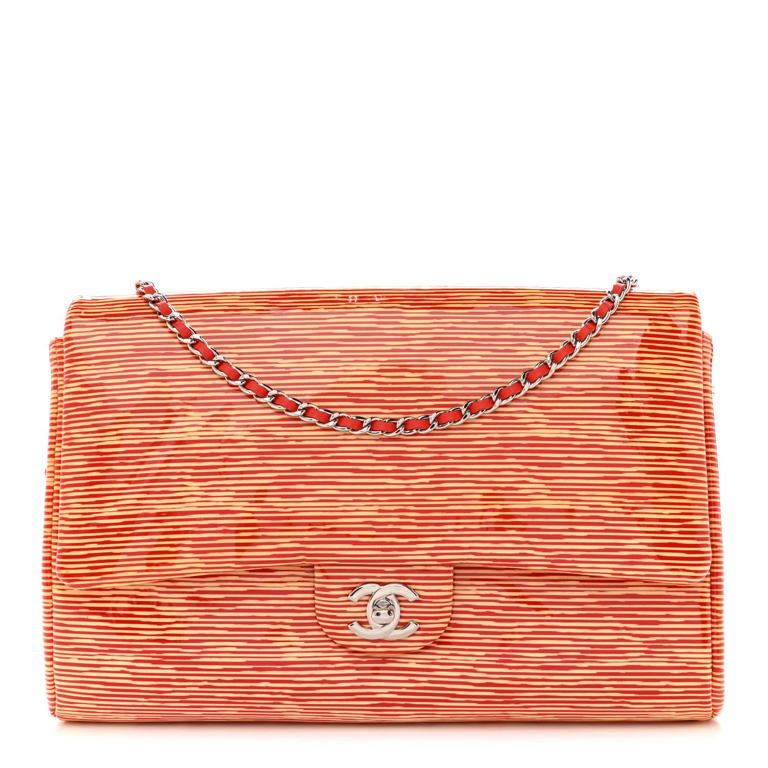 Chanel Patent Calfskin Striped Clutch With Chain Flap Red