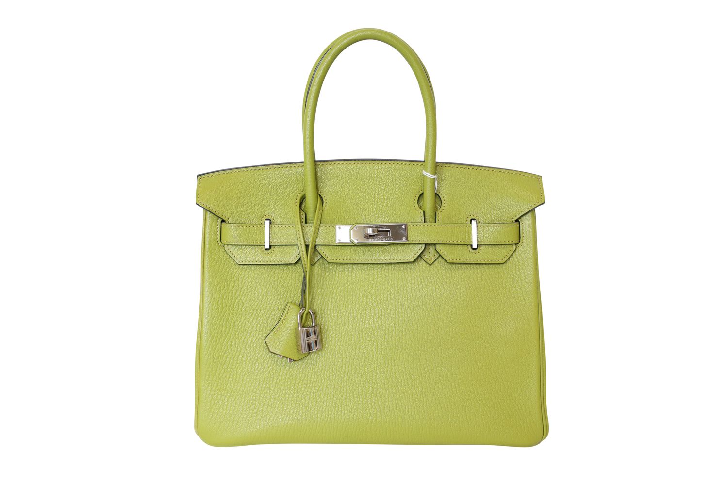 Hermes Hermes Birkin 30 Handbag, Green Vert Chartreuse Chèvre Mysore Leather and Palladium Hardware, I in Square 2005 Stamp, Preowned in Dustbag WA001