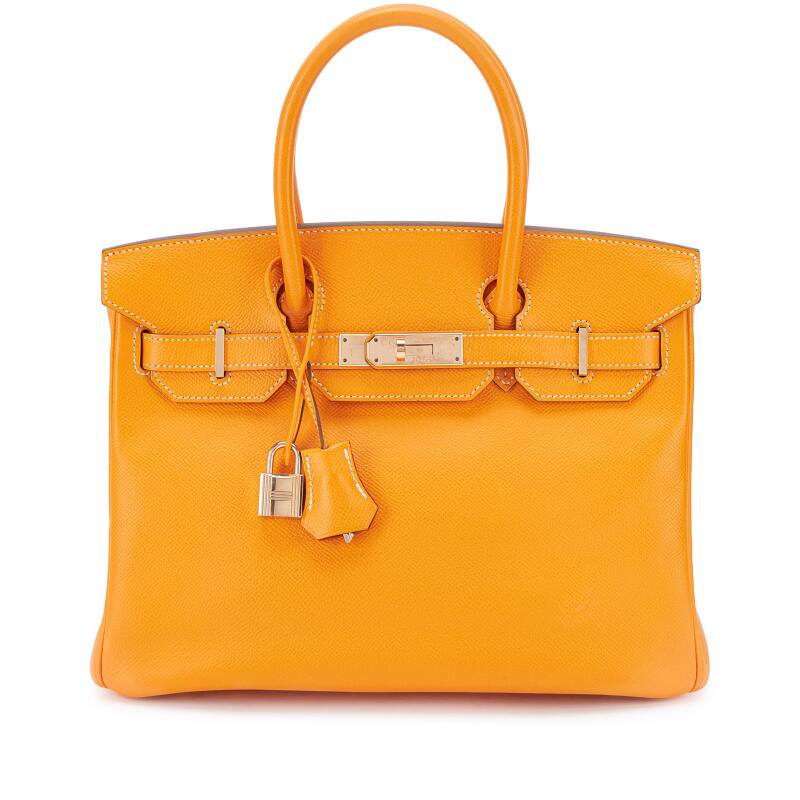 Limited Edition Jaune D'or Epsom and Potiron Verso Candy Birkin 30 Permabrass Hardware, 2012