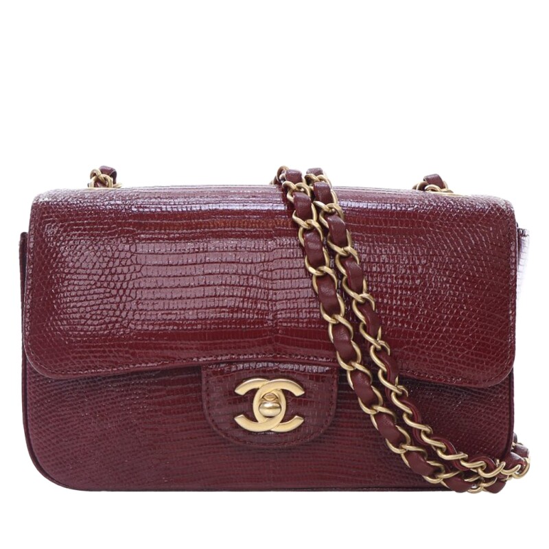 Chanel Red Lizard Mini Rectangular Classic Flap Bag Aged Gold Hardware, 2018-2019