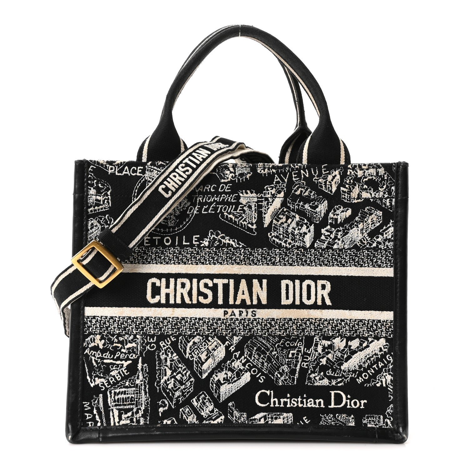 Christian Dior Canvas Calfskin Embroidered Small Plan De Paris Book Tote With Strap Black White