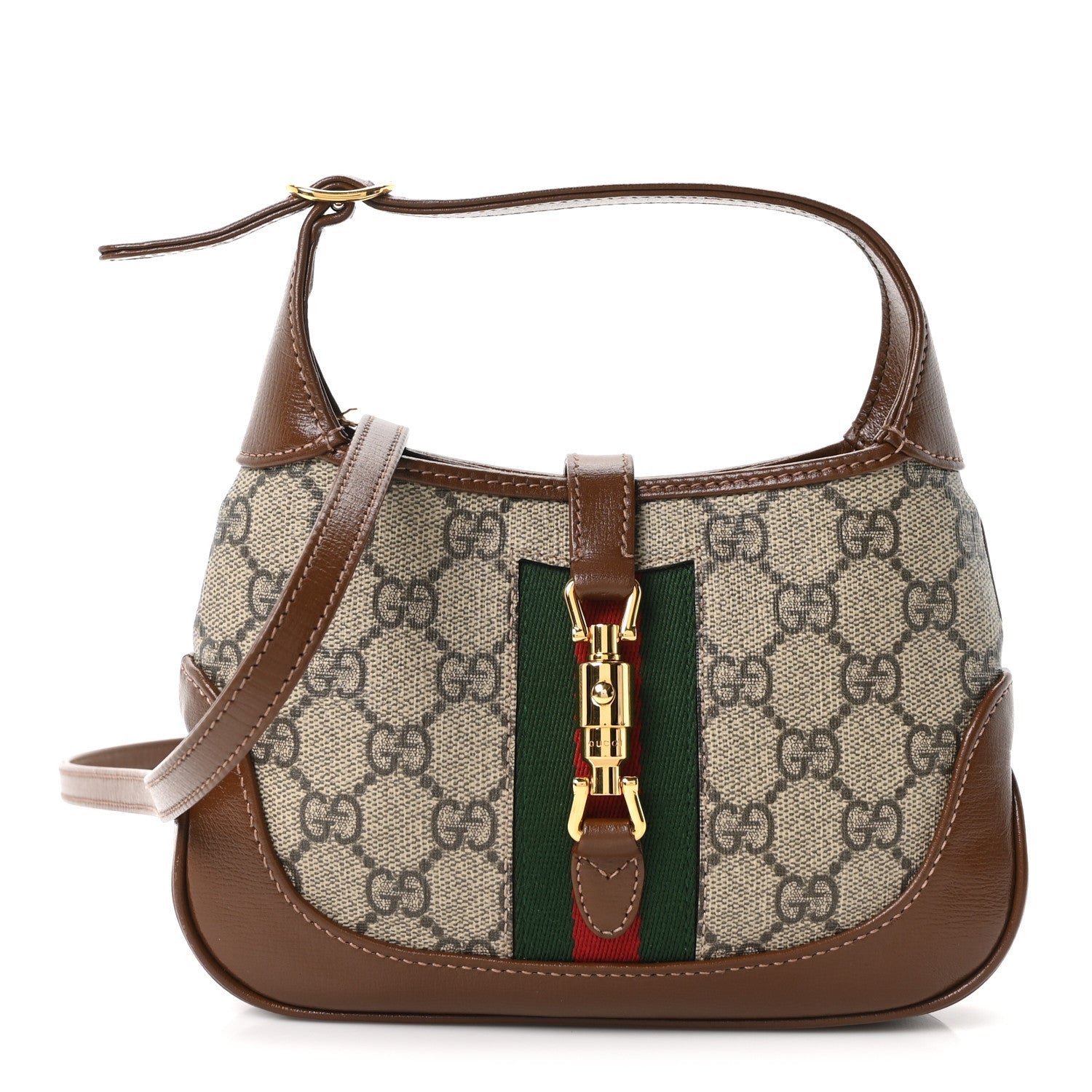 Gucci GG Supreme Monogram Azalea Calfskin Web Mini Jackie 1961 Hobo Beige Ebony Brown Sugar