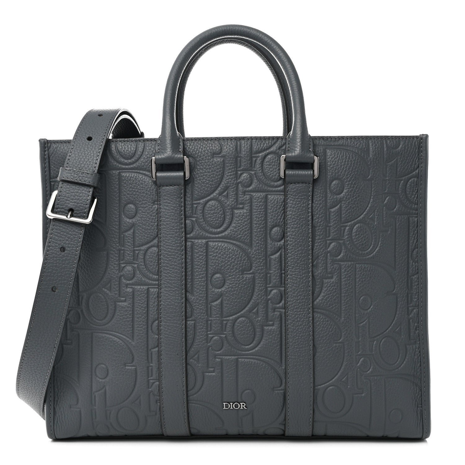 Christian Dior Grained Calfskin Embossed Dior Gravity Medium East West Tote Dark Grey