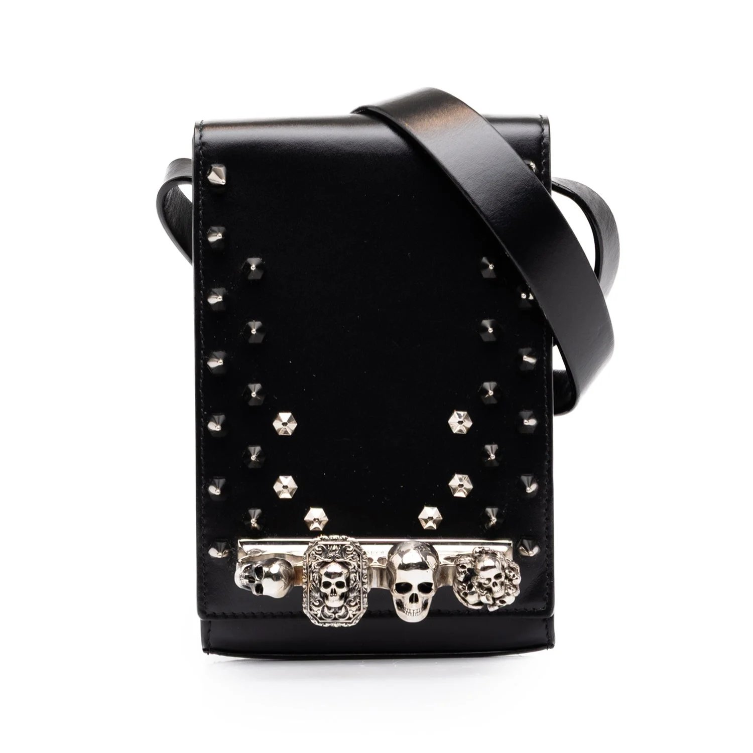 Calf Leather Studded Skull Four Ring Crossbody