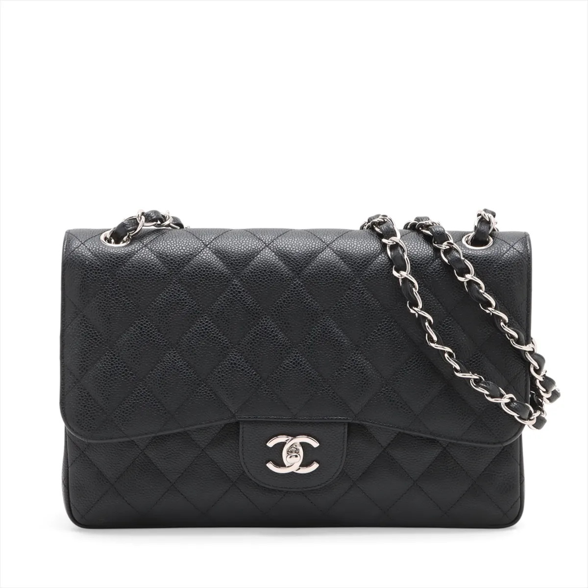 Chanel DEKAMATRASSE 30 Large Caviar Skin Double Flap Double Chain Bag Black Silv