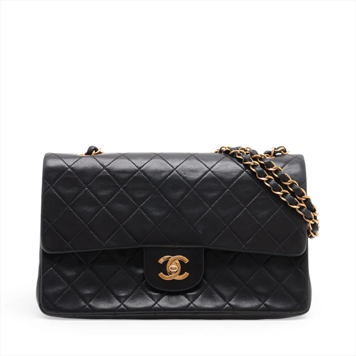 Chanel Matelasse 25 Lambskin Double Flap Double Chain Bag Black Gold Metal Fitti