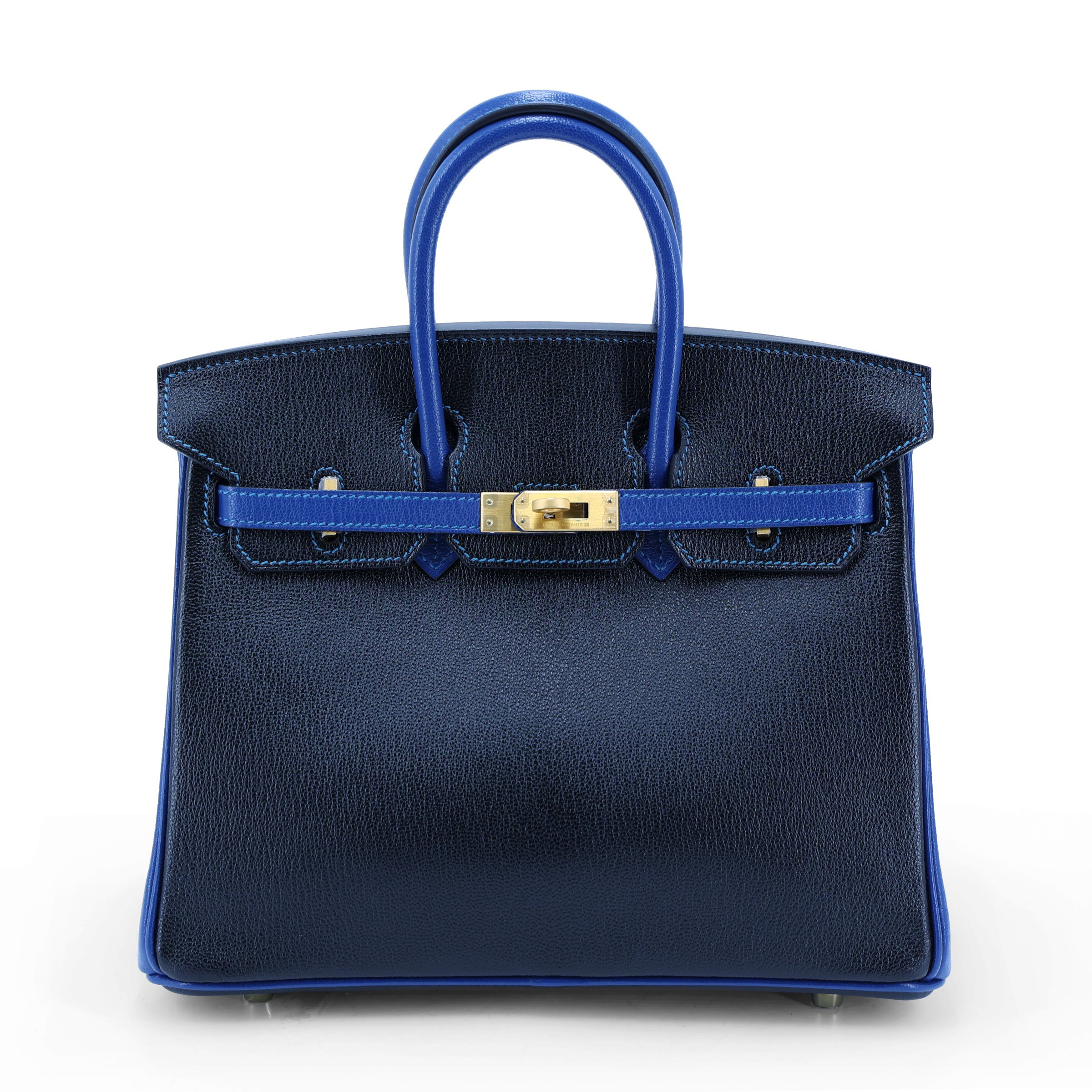 Unused ( Rank NS ) HERMÈS Special Order Birkin 25 Bleu Saphir (73) Noir (89) Chevre Brushed Gold hardware A (2017)