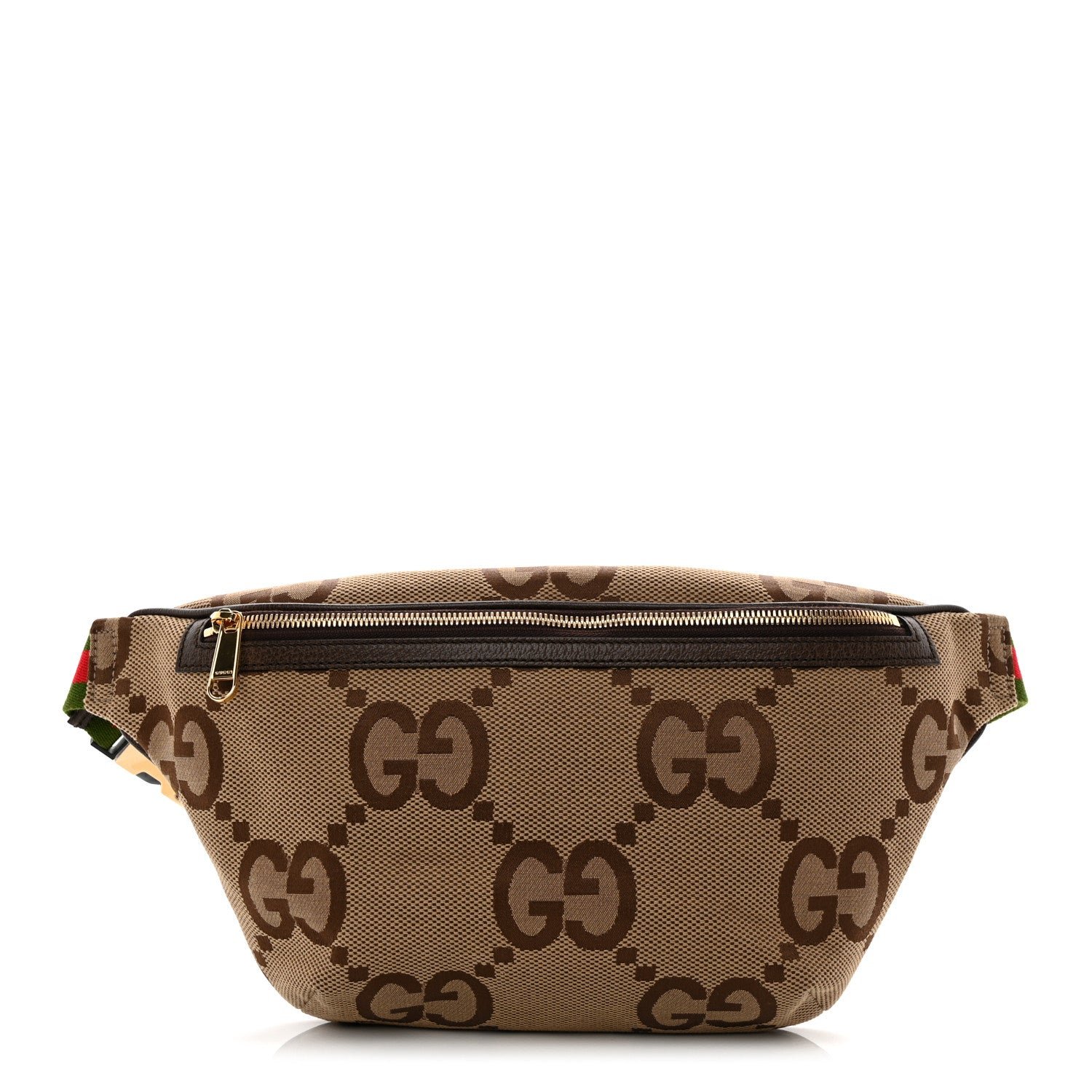 Gucci Monogram Jumbo GG Textured Dollar Calfskin Web Belt Bag Camel Ebony New Acero