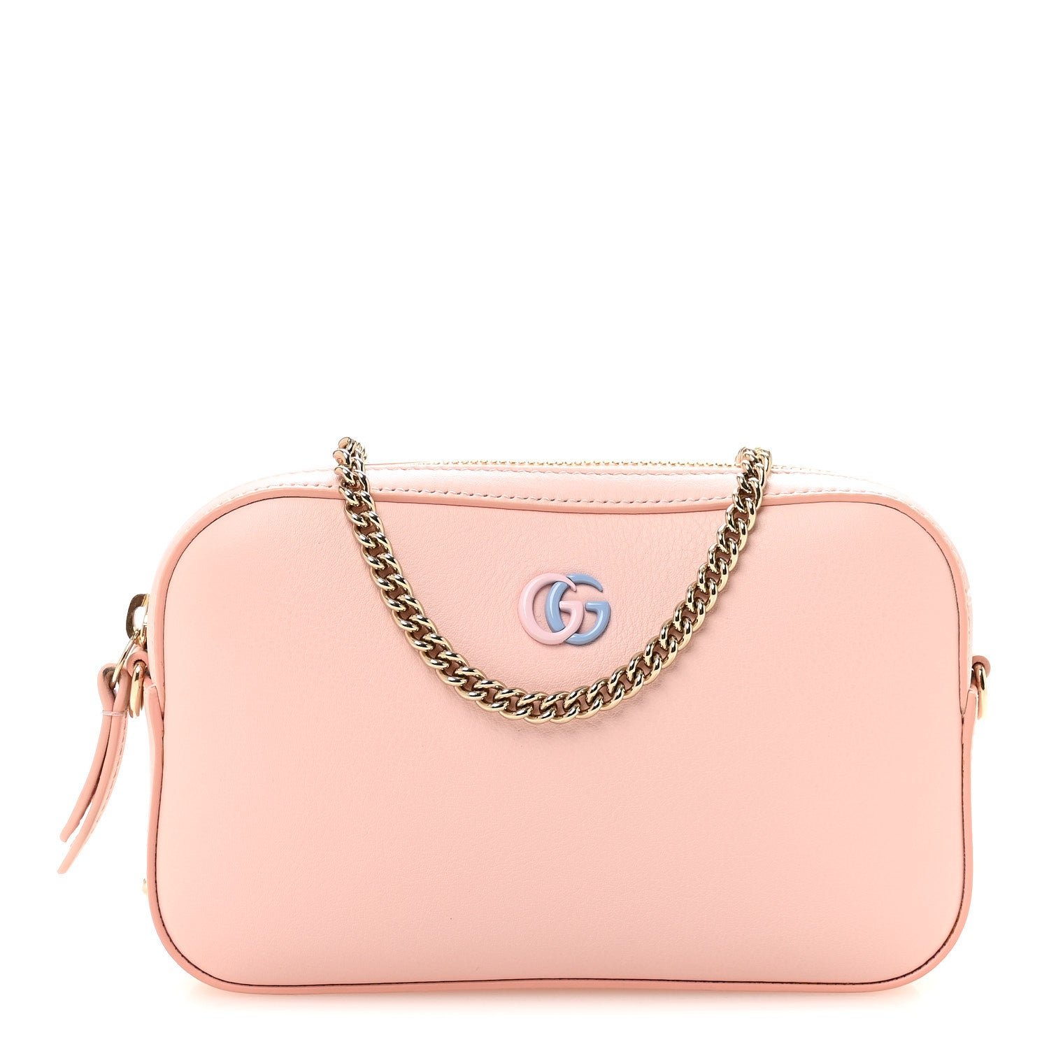 Gucci Dollar Calfskin Enamel Super Mini GG Marmont Chain Shoulder Bag Light Pink Blue