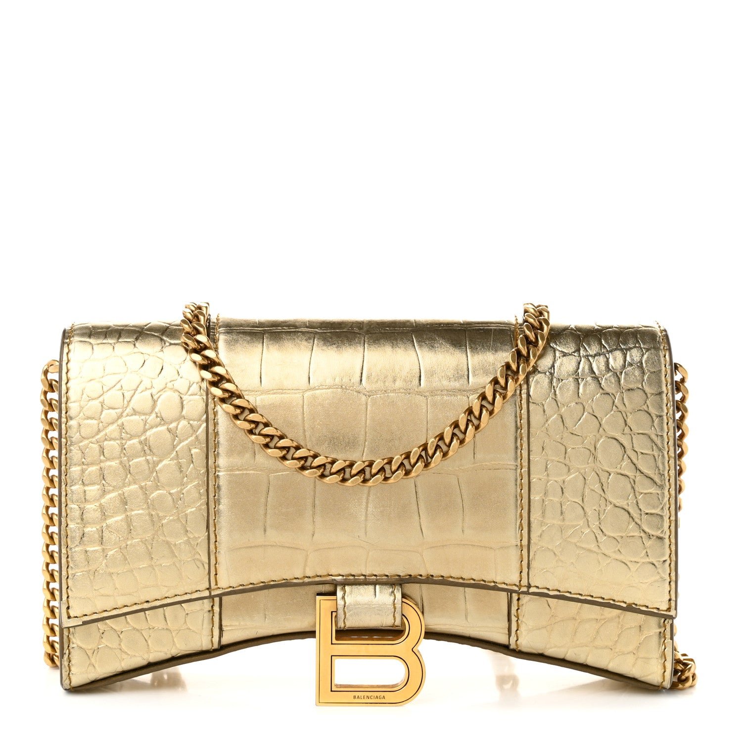 Balenciaga Metallic Calfskin Crocodile Embossed Hourglass Chain Bag Gold