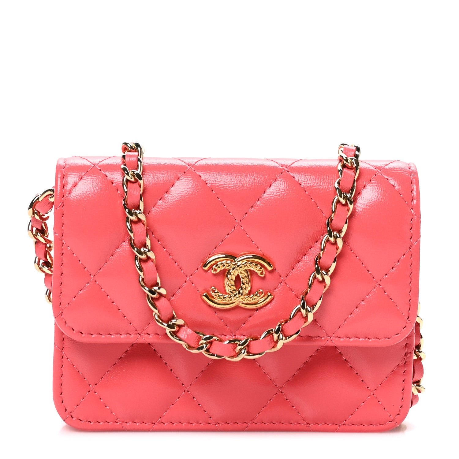 Chanel Shiny Lambskin Quilted Card Holder On Chain Pink