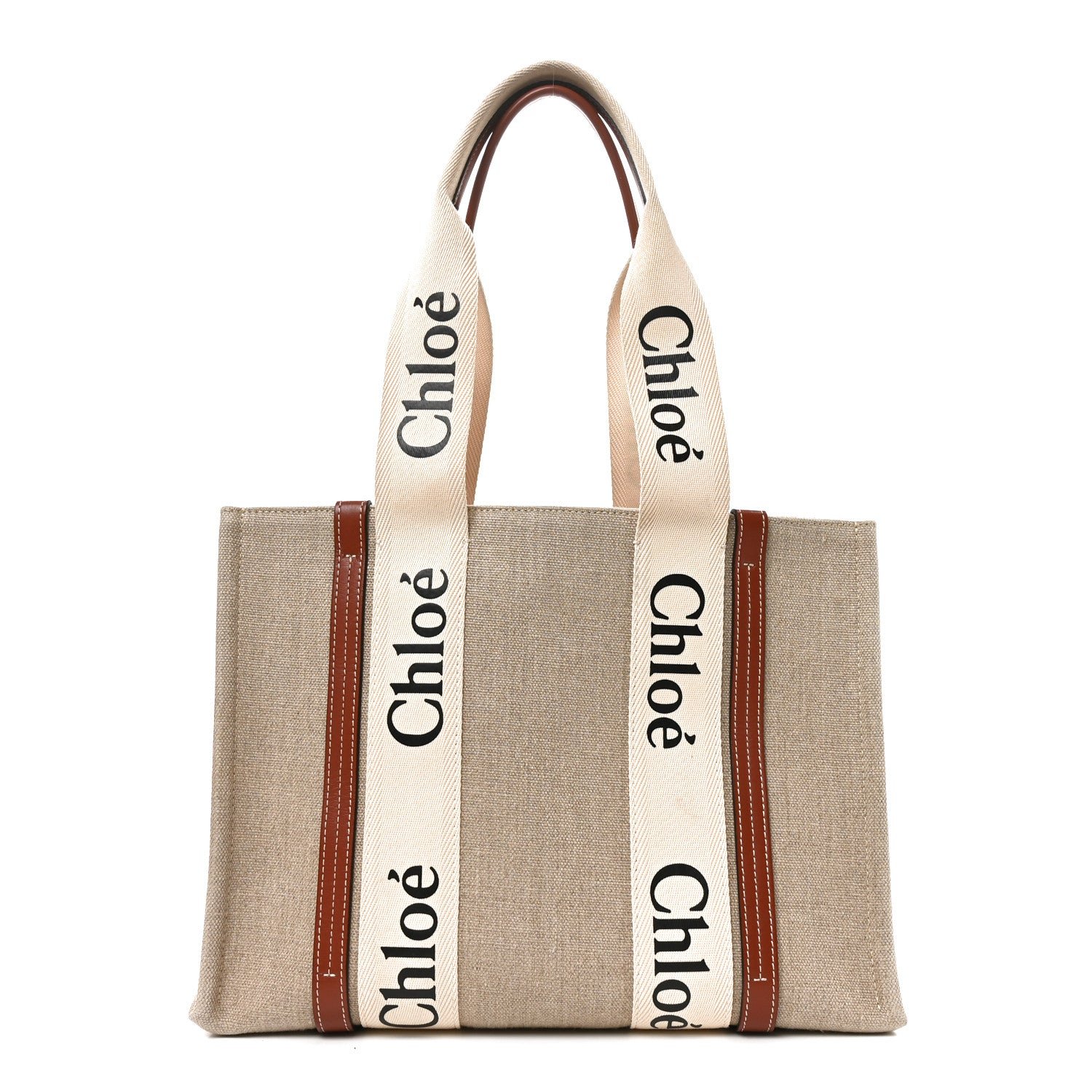 Chloe Linen Calfskin Medium Woody Ribbon Tote White Brown