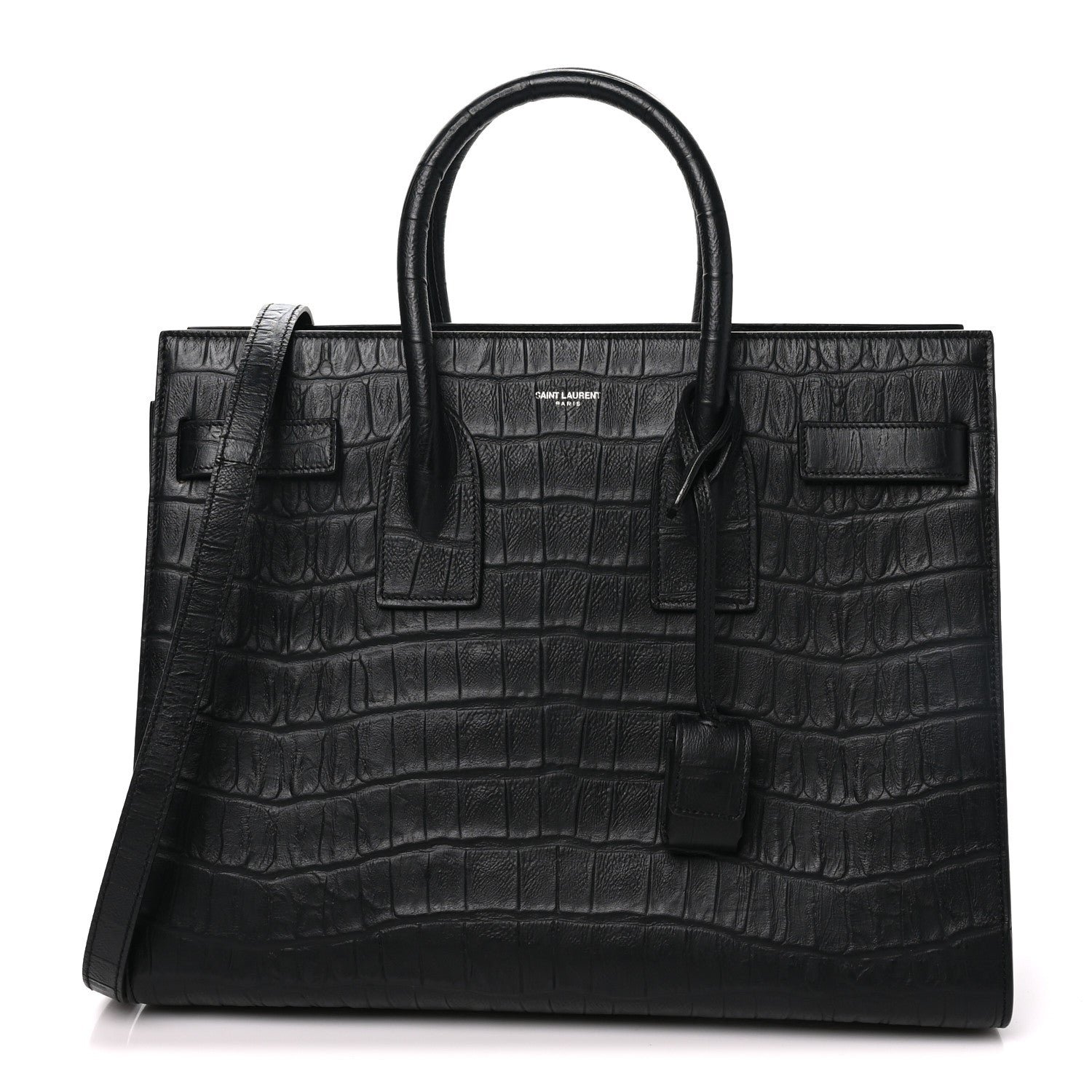 Saint Laurent Calfskin Crocodile Embossed Small Sac De Jour Black