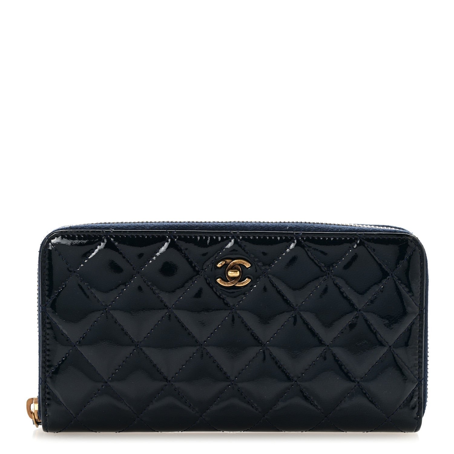 Chanel Patent Calfskin Quilted Large Gusset Zip Around Wallet Blue Blue