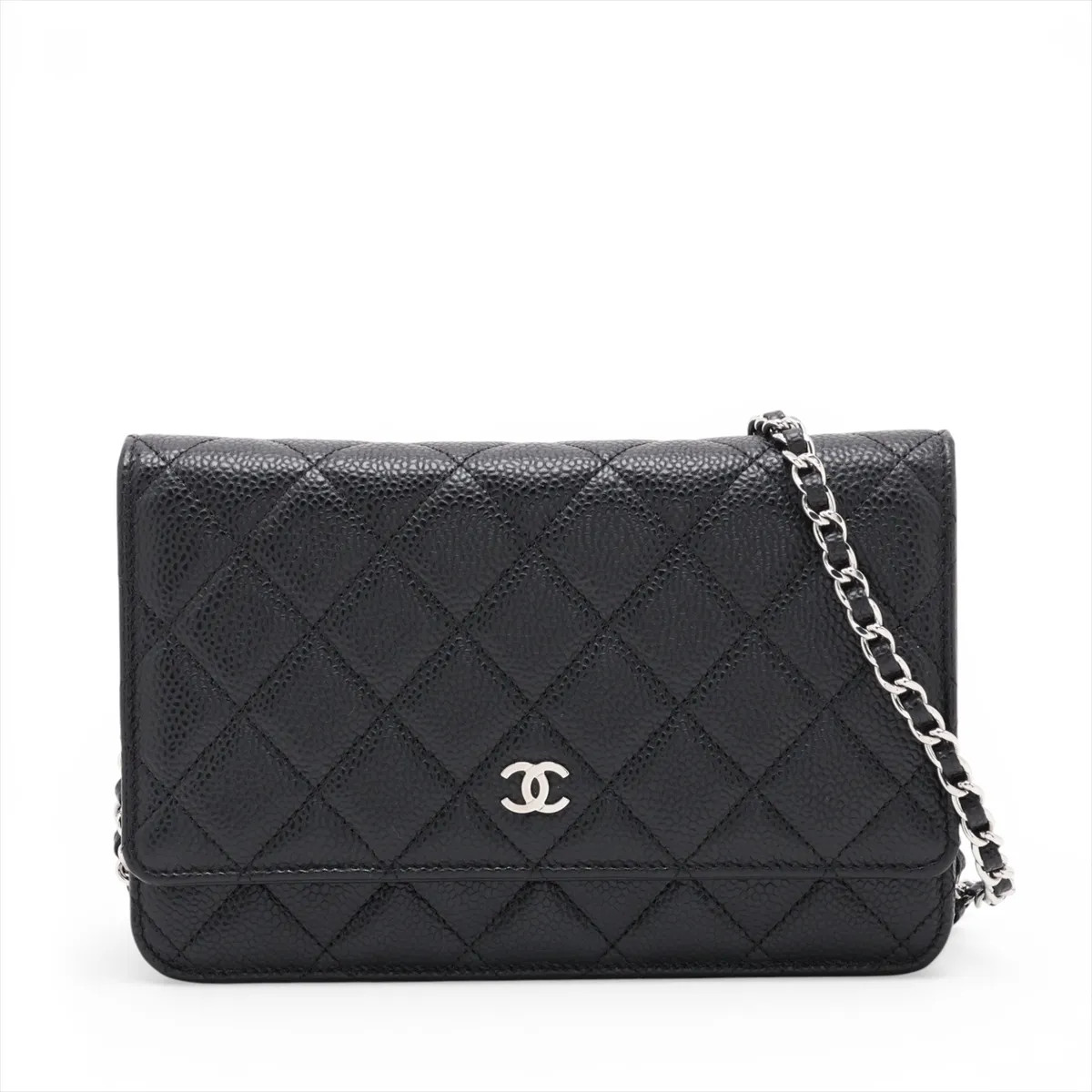 Chanel Matelasse Caviar Skin Chain Wallet Black Silver Metal Fittings random pla