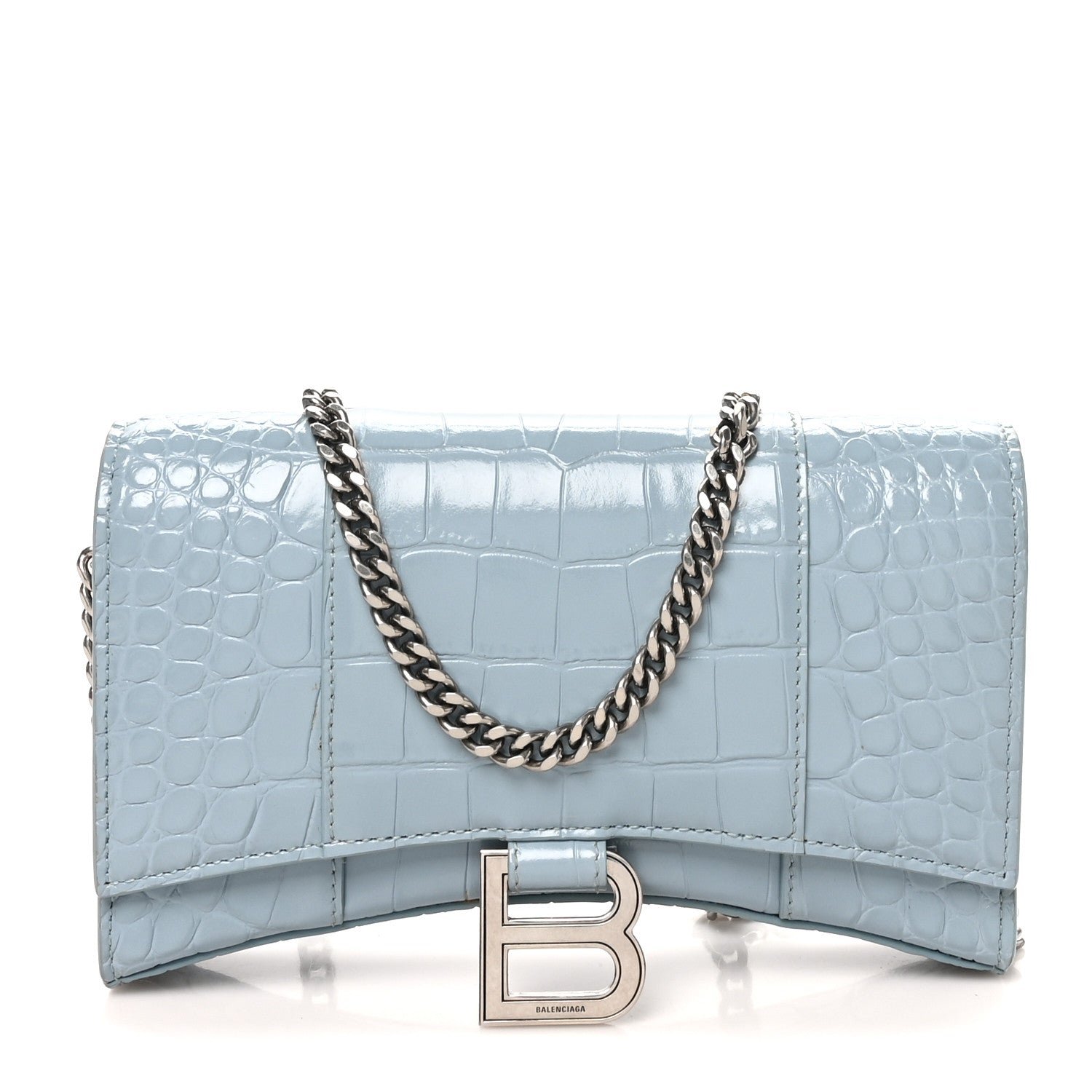 Balenciaga Shiny Calfskin Crocodile Embossed Hourglass Chain Bag Blue Grey