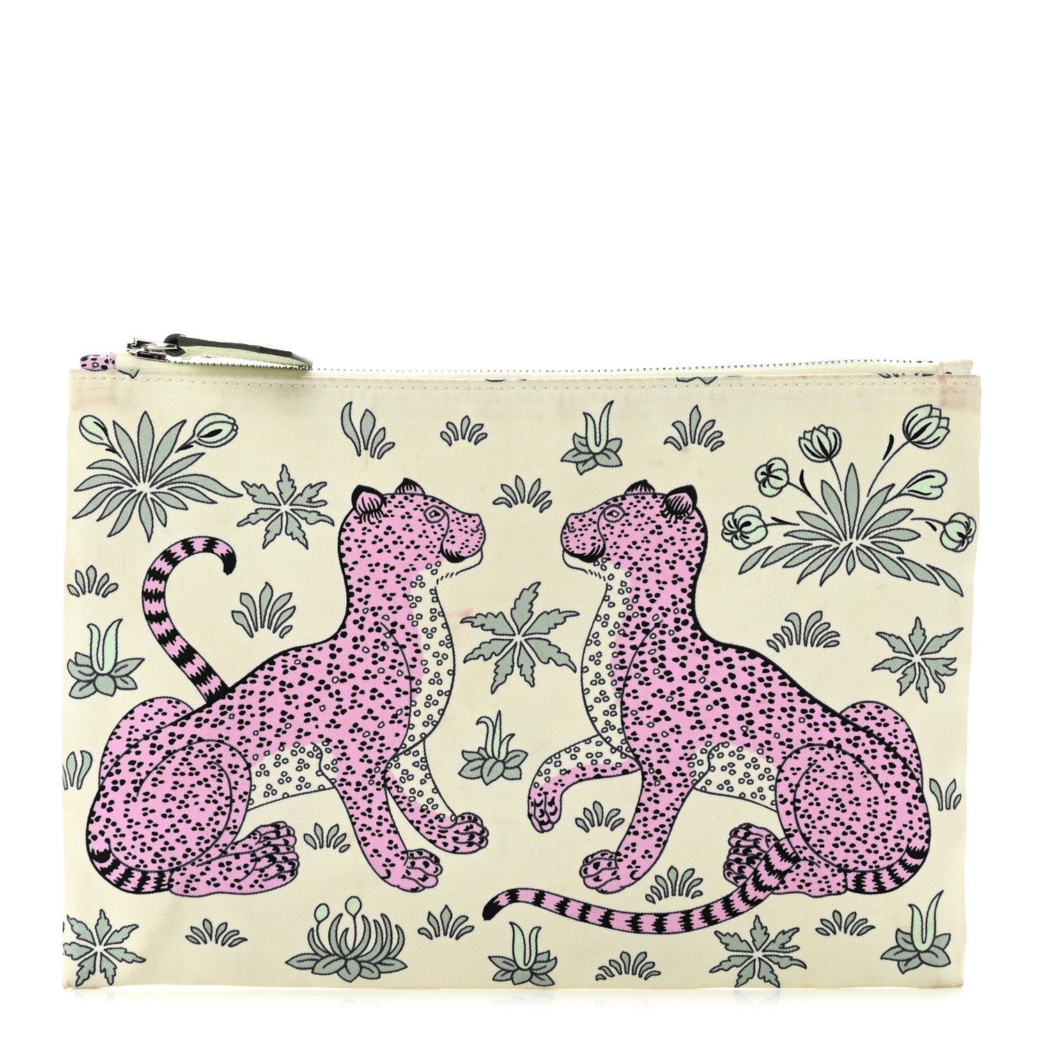 Hermes Technical Silk Printed Les Leopards Silky Pocket Cosmetic Case Pouch Mushroom Mauve Sylvestre Vert Pease