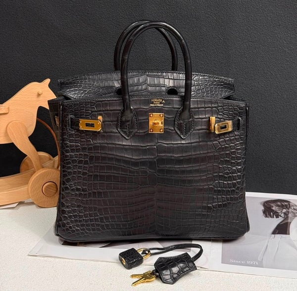 Hermes Hermes Birkin 25 Black Matte Crocodile Gold Hardware -1/2