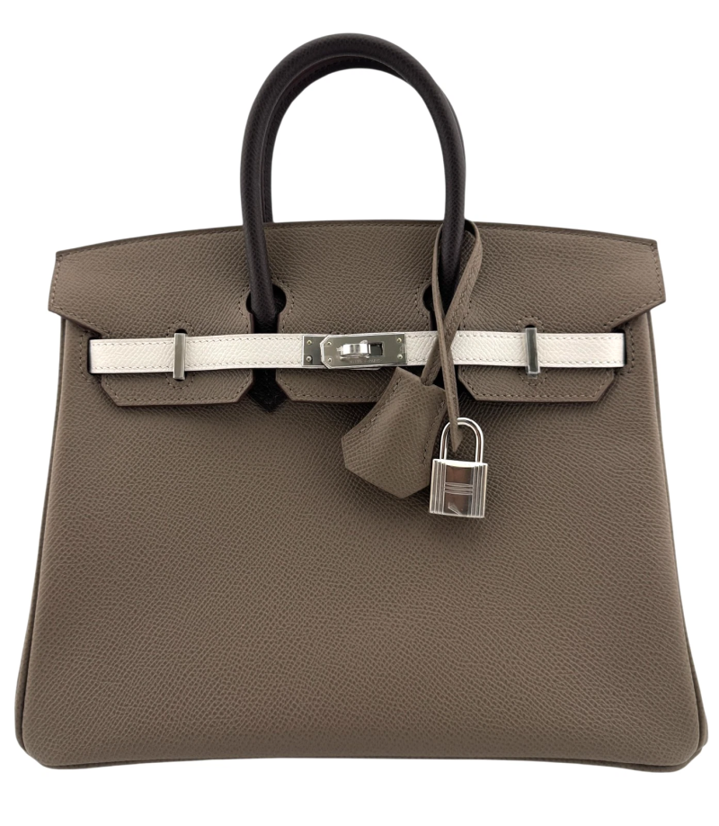 Hermes Etoupe, Gris Pale and Ebene Epsom Tri-Color Birkin 25 Palladium Hardware, 2024